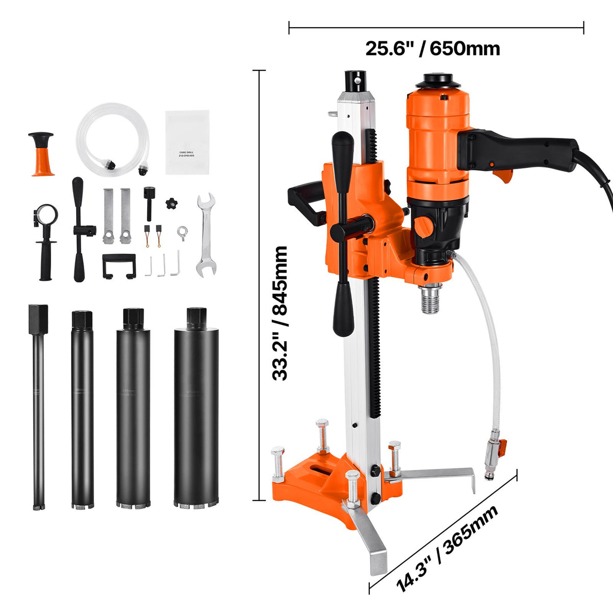 Diamond Core Drilling Machine, 200 mm Drilling Diameter, 2-in-1 Handheld & Stand-Mount Dry and Wet Concrete Core Drill Rig with 4 Bits, 1000/2250 RPM 2-Speed, for Concrete Brick Stone, 1500W