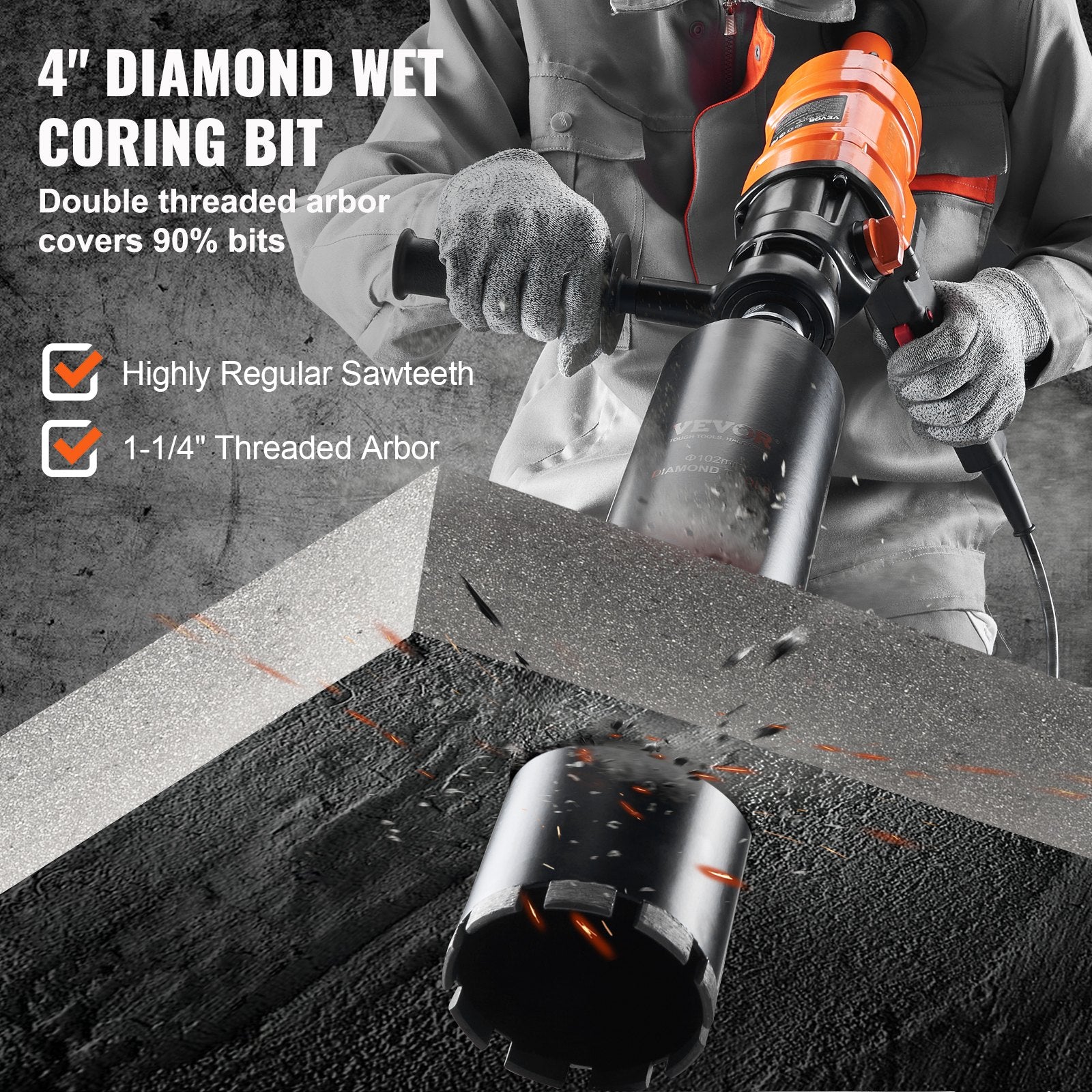 Traffic Control & Parking Tools: VEVOR Diamond Core Drilling Machine, 4in Handheld Wet Concrete Core Drill Rig, 1100-2400RPM Two Speed & 1-1/4" Thread & 2 Bubble Levels, 3-4in Drilling Diameter for Concrete Brick Block Stone, 1500W
