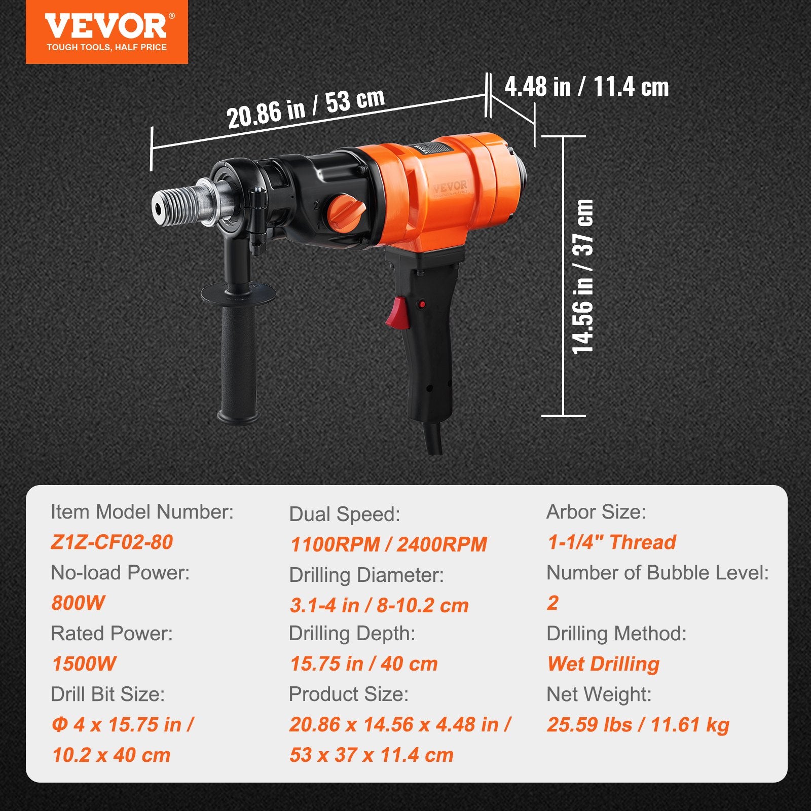 Traffic Control & Parking Tools: VEVOR Diamond Core Drilling Machine, 4in Handheld Wet Concrete Core Drill Rig, 1100-2400RPM Two Speed & 1-1/4" Thread & 2 Bubble Levels, 3-4in Drilling Diameter for Concrete Brick Block Stone, 1500W
