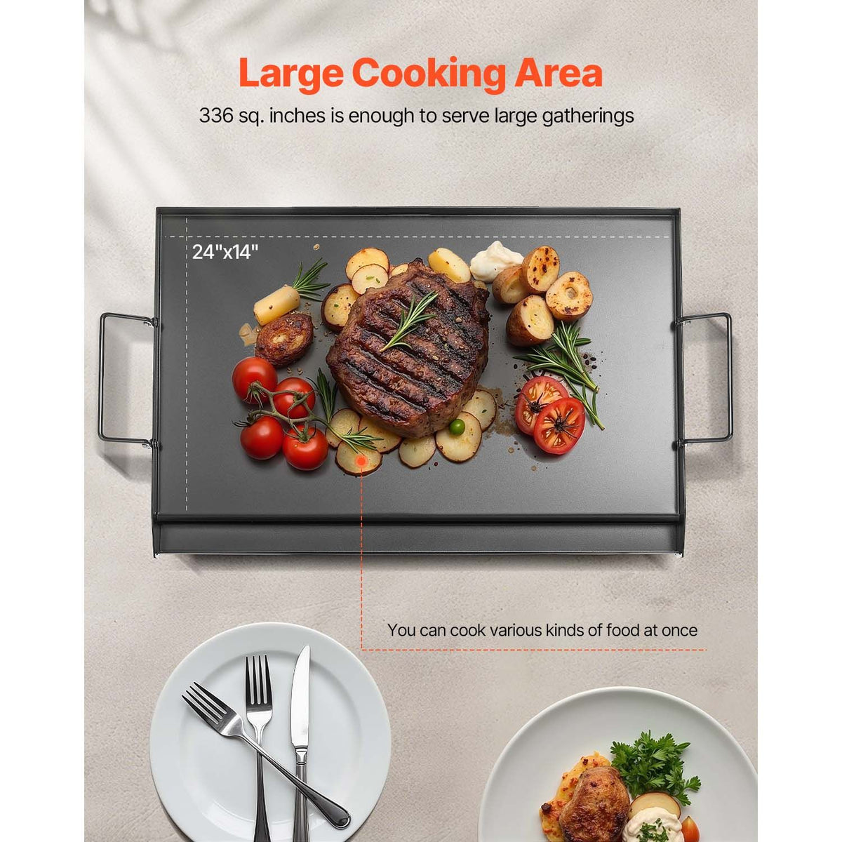 Carbon Steel Griddle, 24x16 inch Universal Flat Top Rectangular Plate, Gas Grill Griddle for BBQ Grill, Teppanyaki, Portable Family Cookware with Handle, for Camping Tailgating Party