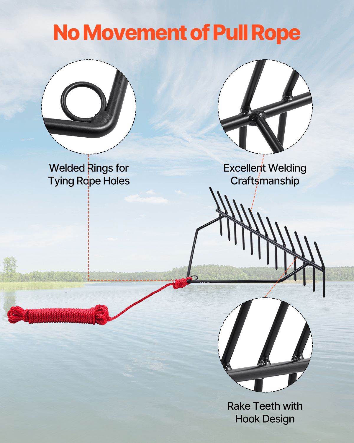 24 in Aquatic Weed Rake, 8.7 in Double Sided Lake Weed Rake, Pond Weeds Cutter with 30ft Rope, Tie Hole, No Assembly Required, Lightweight Muck Lilypad Clearing Tool for Pond, Lake, Rivulet