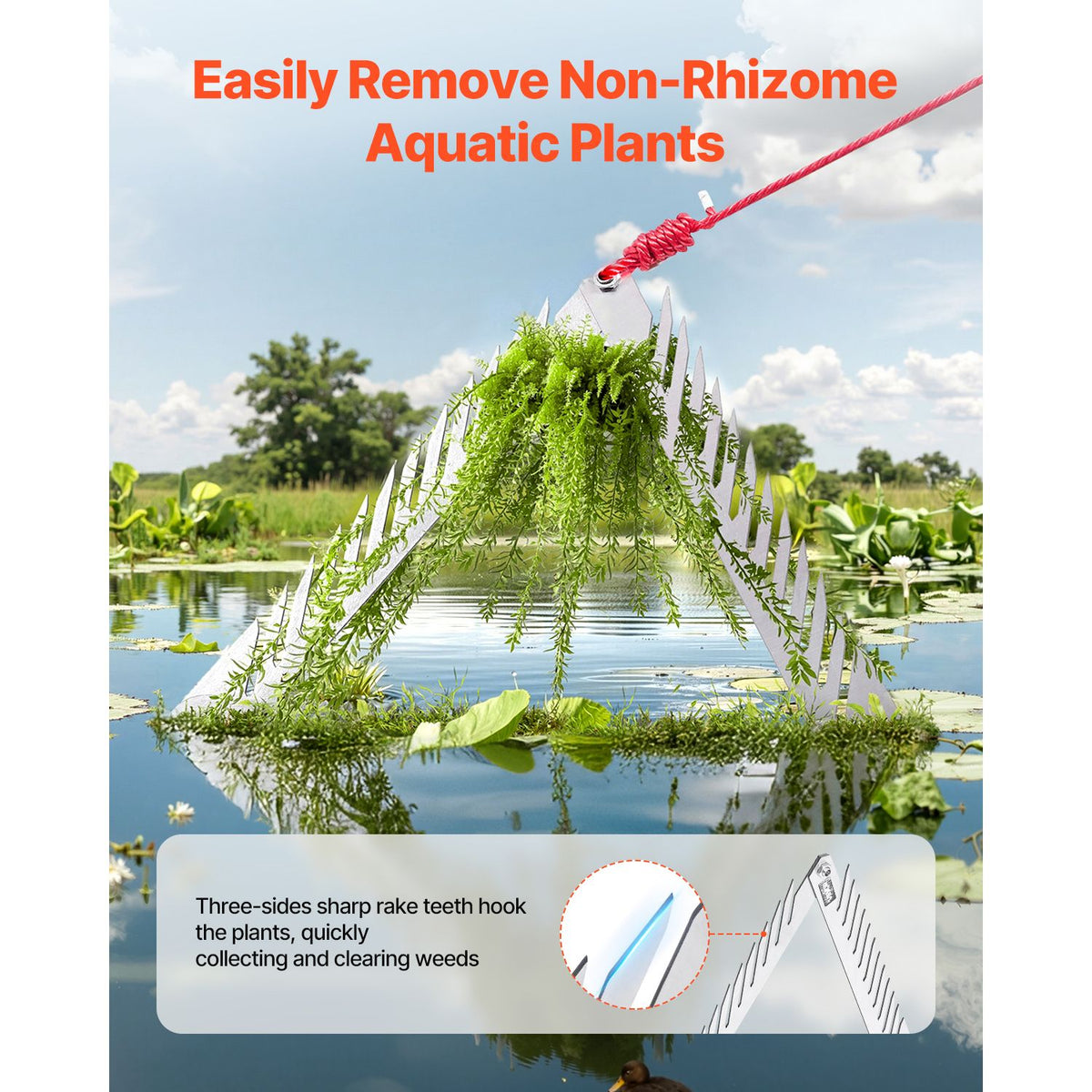 24in Aquatic Weed Rake, 3-Sided Lake Weed Rake with Handle, Portable and Foldable Pond Water Grass Razor, Stainless Steel Throwable Floating Pond Weeds Cutter with 30 ft Rope, for Lakes Ponds