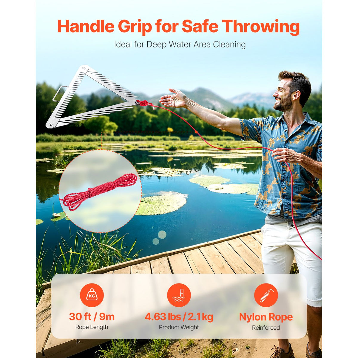 24in Aquatic Weed Rake, 3-Sided Lake Weed Rake with Handle, Portable and Foldable Pond Water Grass Razor, Stainless Steel Throwable Floating Pond Weeds Cutter with 30 ft Rope, for Lakes Ponds