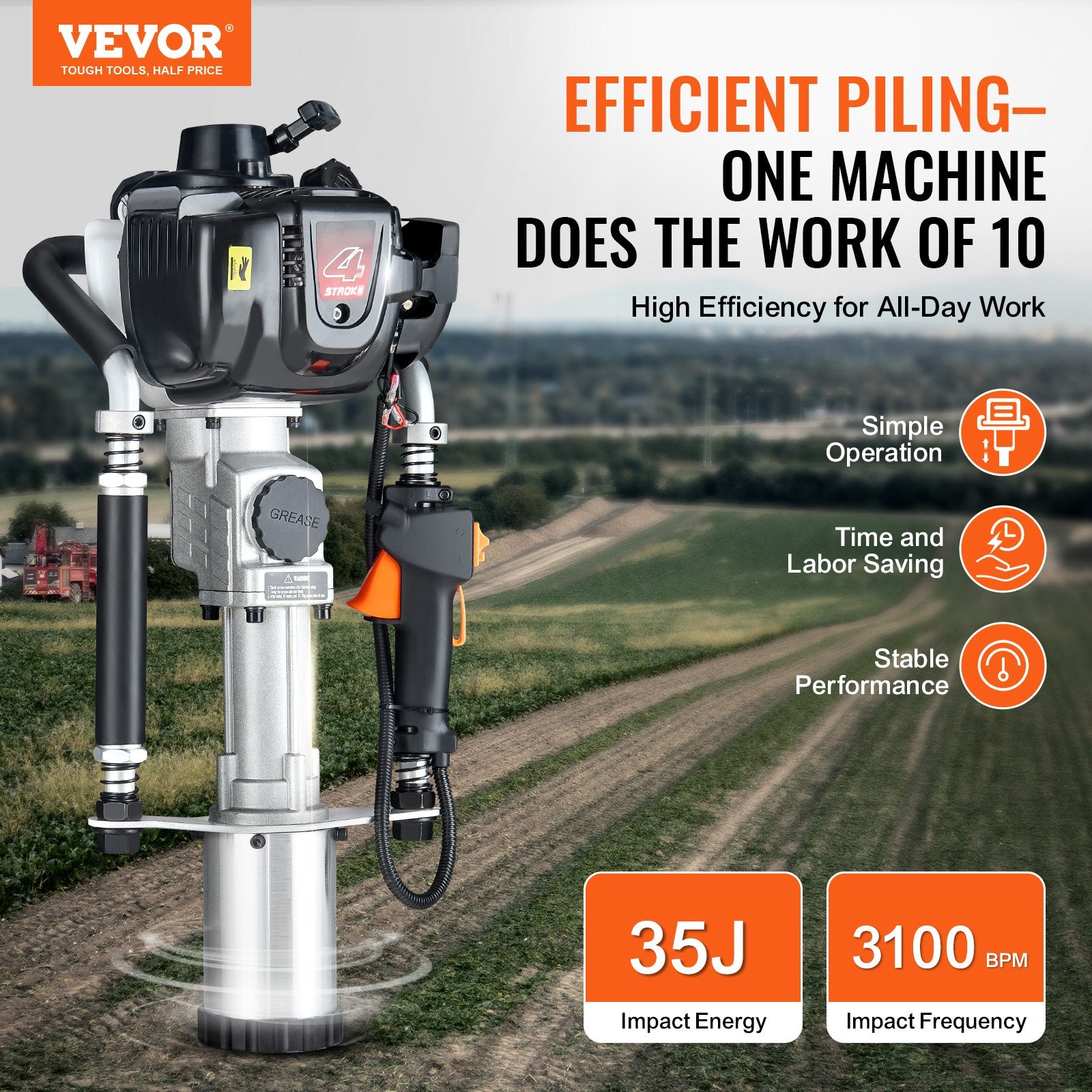 Chainsaws: VEVOR 37.77cc Gas-Powered T Post Driver 4-Stroke Fence Piling Pounder w/ 3 Head