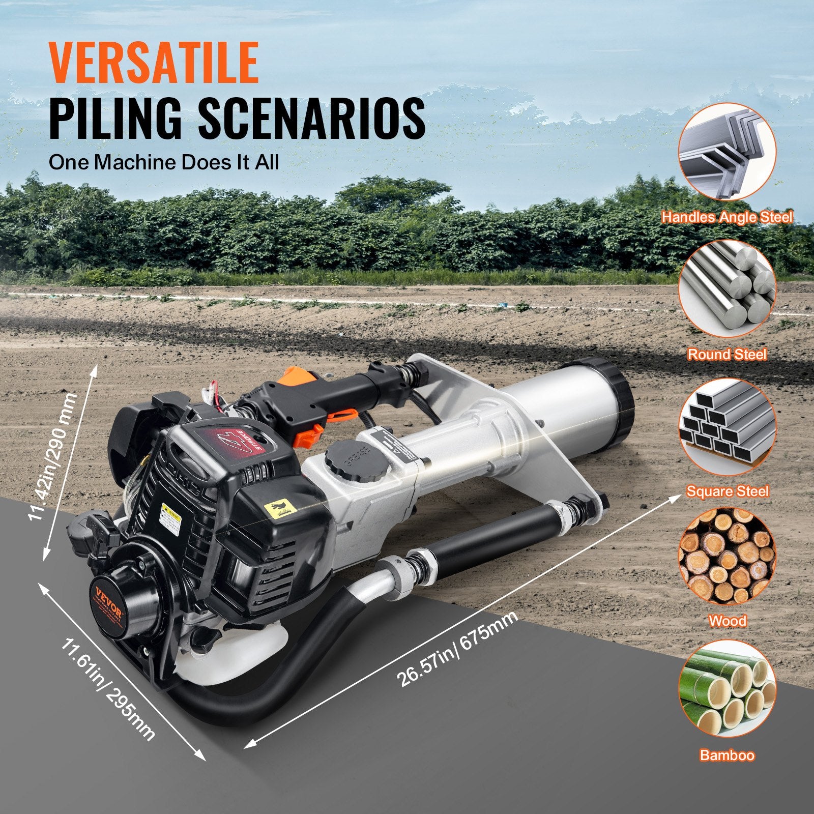 Chainsaws: VEVOR 37.77cc Gas-Powered T Post Driver 4-Stroke Fence Piling Pounder w/ 3 Head
