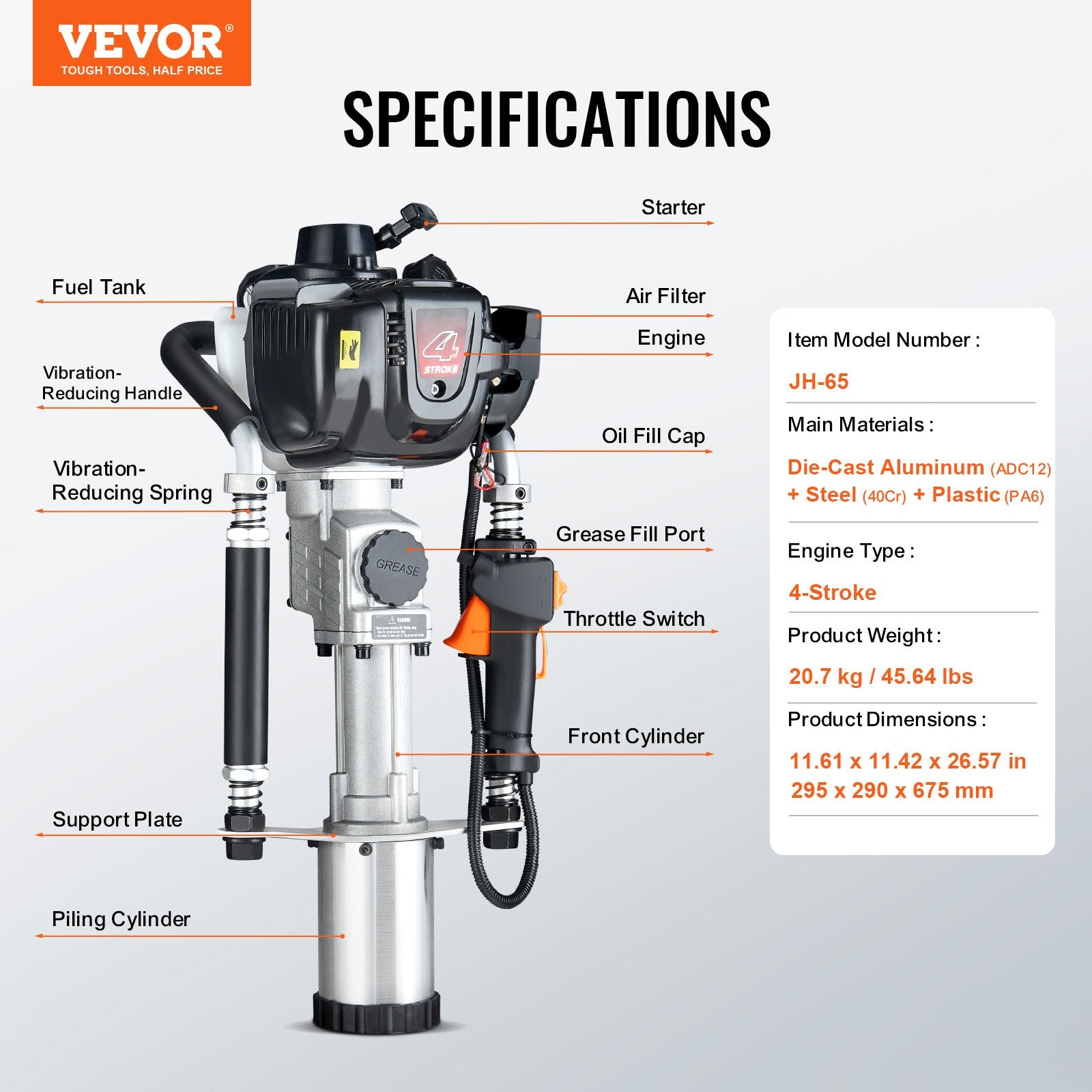 Chainsaws: VEVOR 37.77cc Gas-Powered T Post Driver 4-Stroke Fence Piling Pounder w/ 3 Head