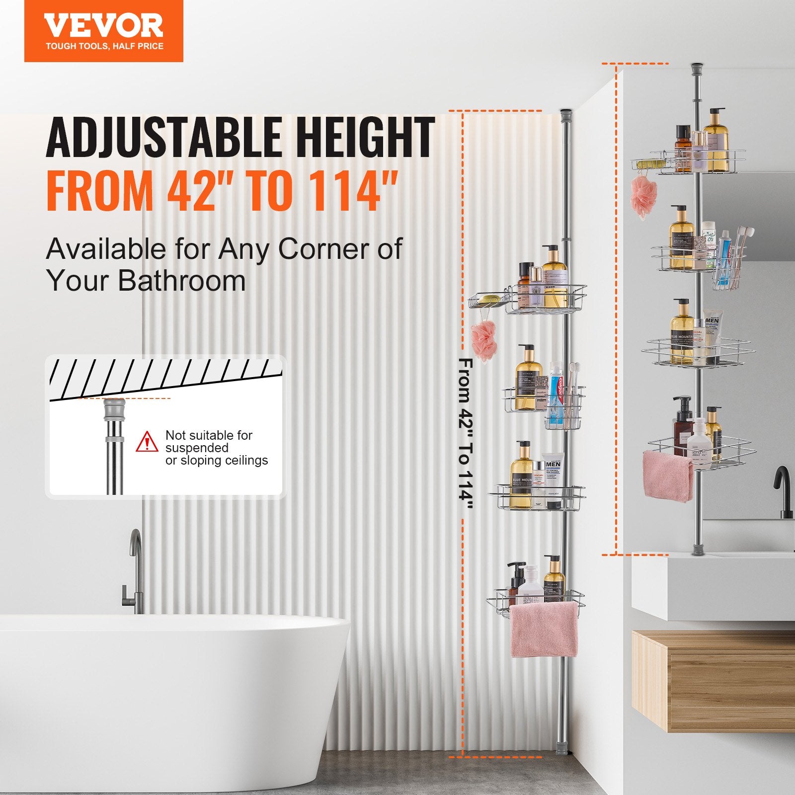 Shower Heads & Screens: VEVOR 42" to 114" High Shower Corner Caddy Tension Pole Rust-Proof Tension Pole