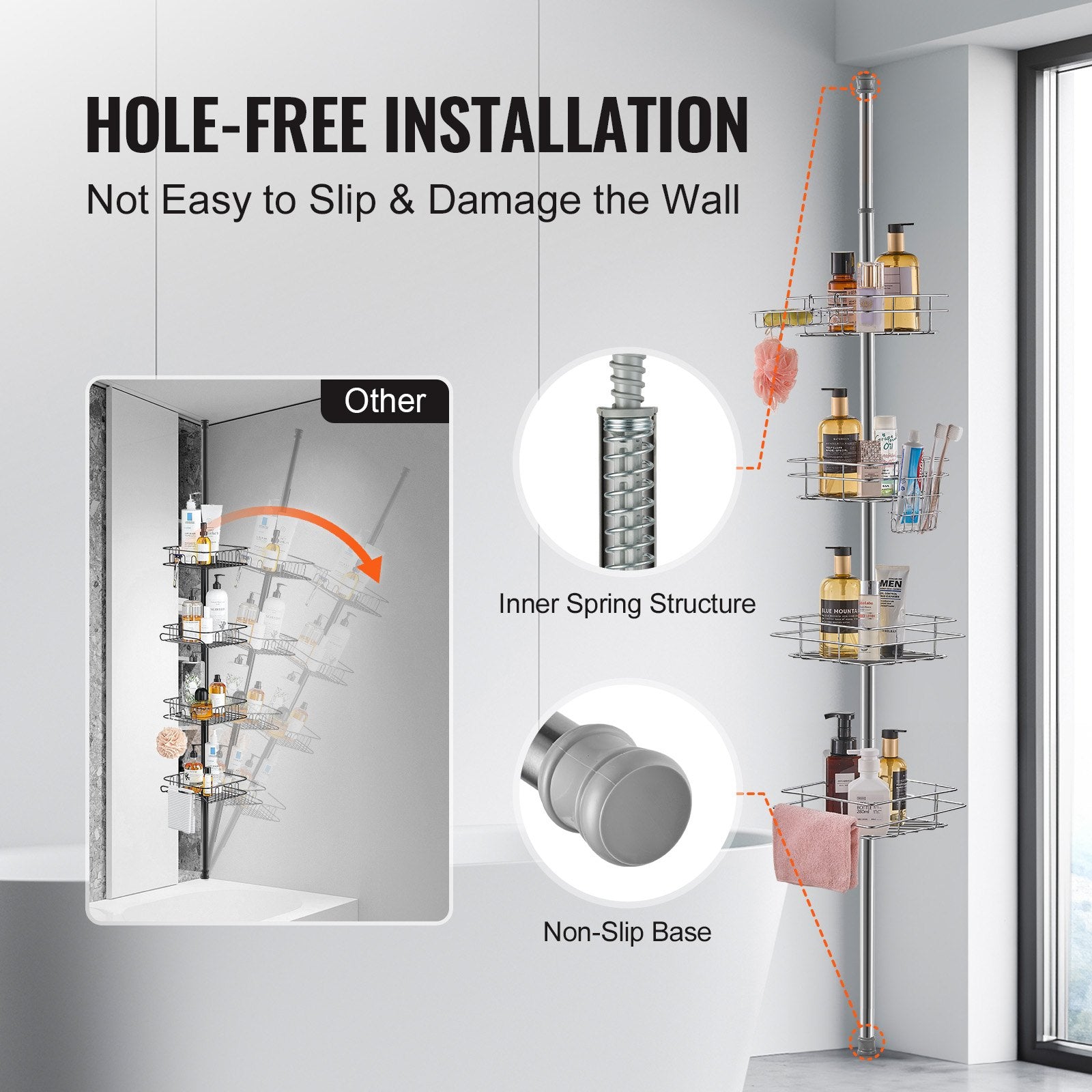 Shower Heads & Screens: VEVOR 42" to 114" High Shower Corner Caddy Tension Pole Rust-Proof Tension Pole