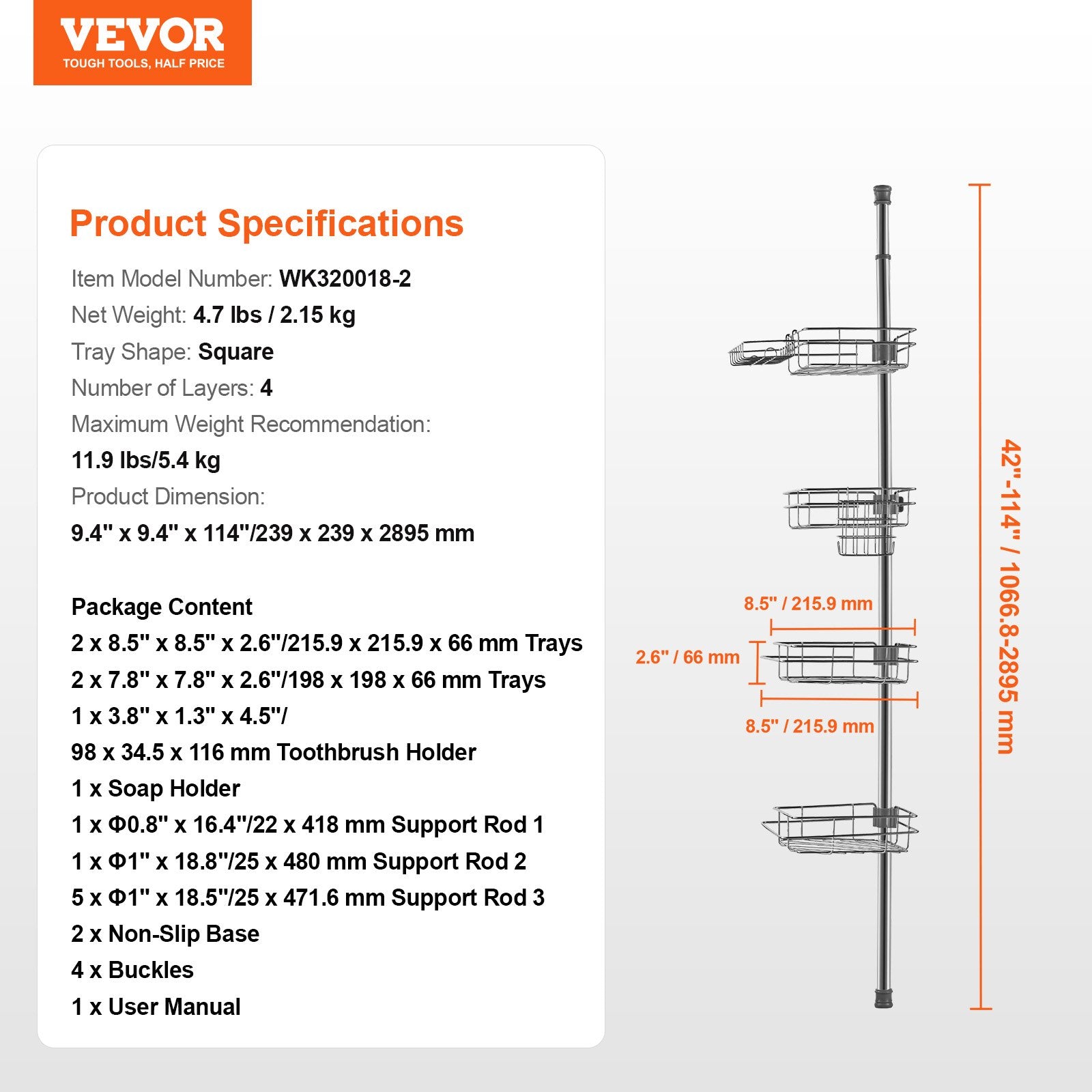 Shower Heads & Screens: VEVOR 42" to 114" High Shower Corner Caddy Tension Pole Rust-Proof Tension Pole