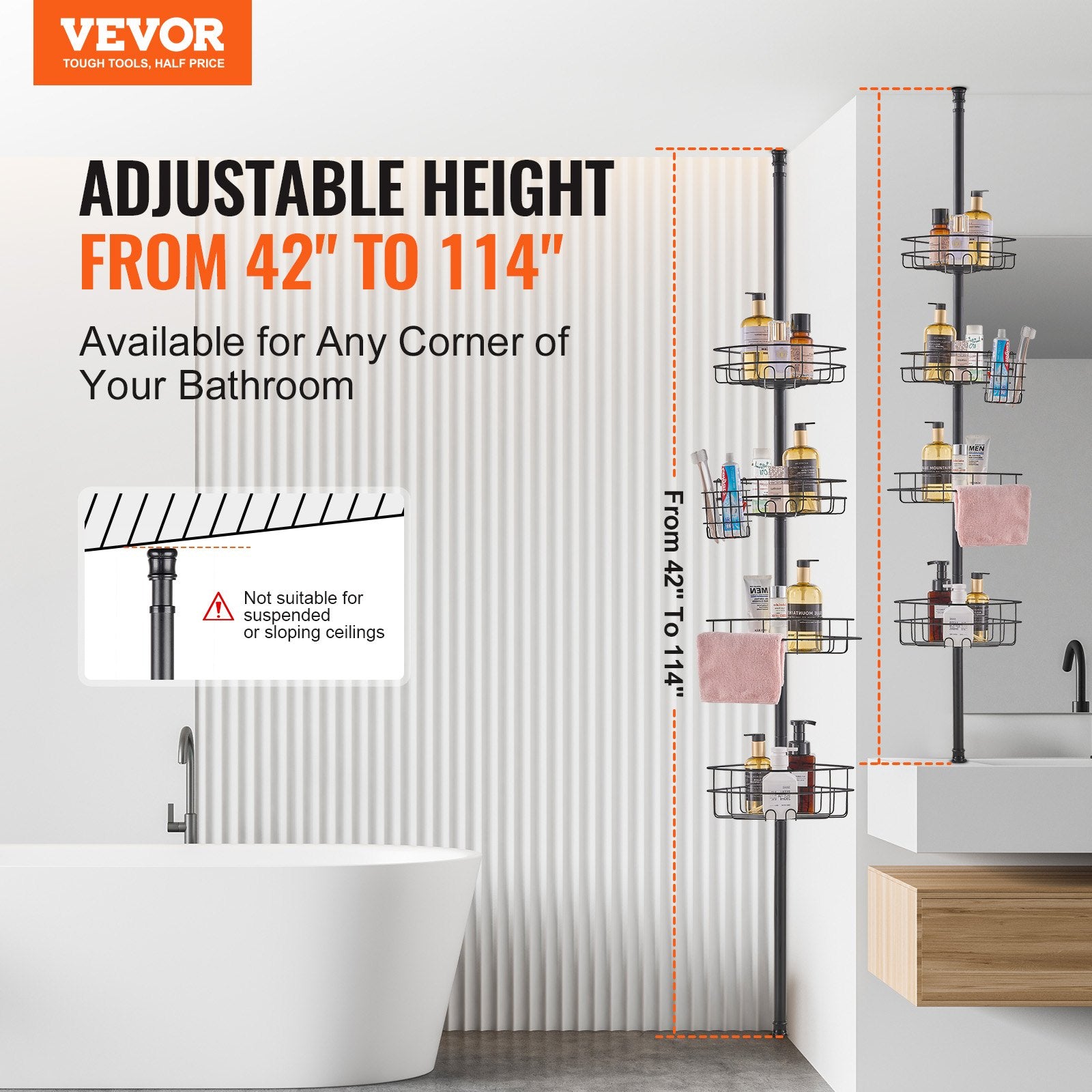 Shower Heads & Screens: VEVOR 42" to 114" High Shower Corner Caddy Tension Pole Rust-Proof Tension Pole