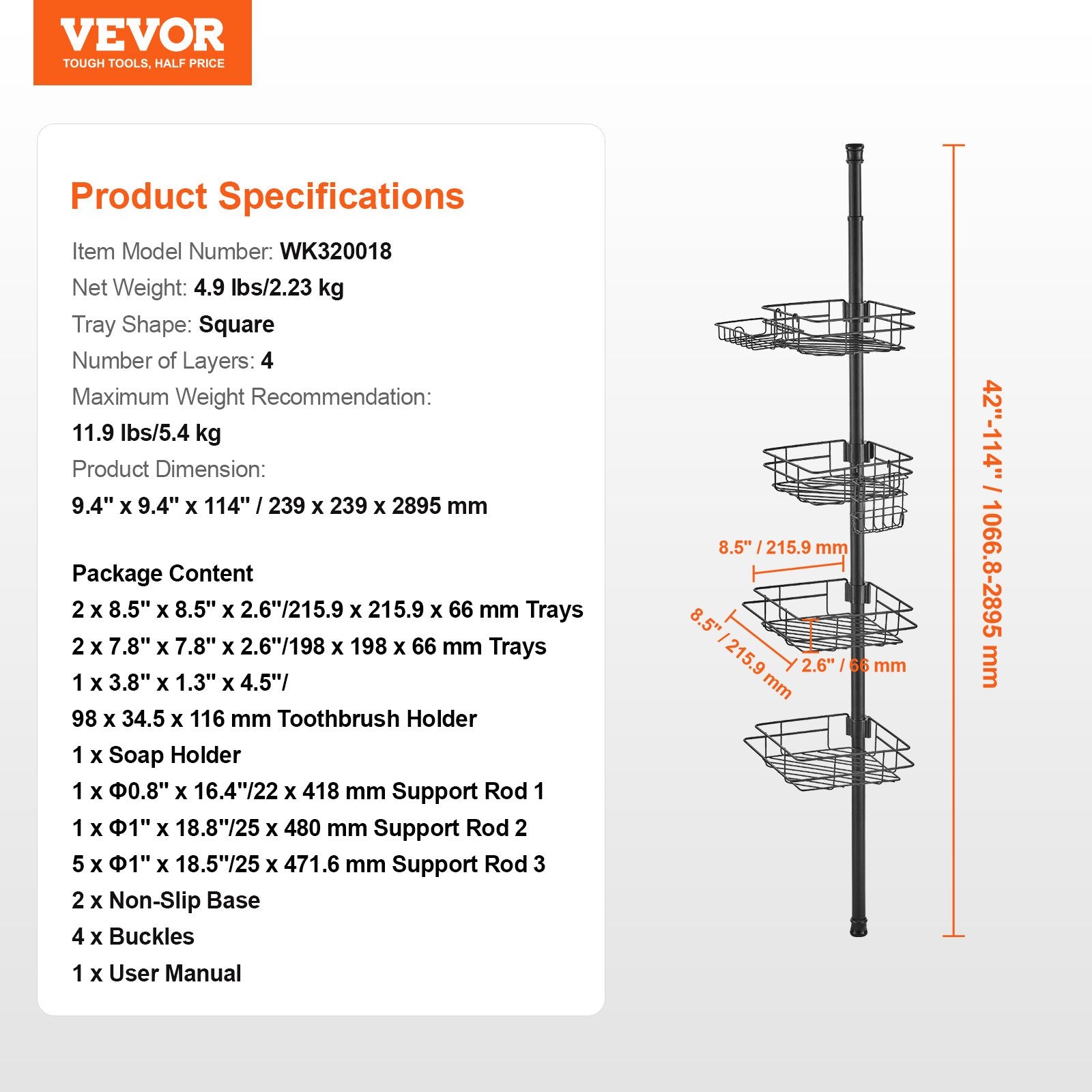 Shower Heads & Screens: VEVOR 42" to 114" High Shower Corner Caddy Tension Pole Rust-Proof Tension Pole