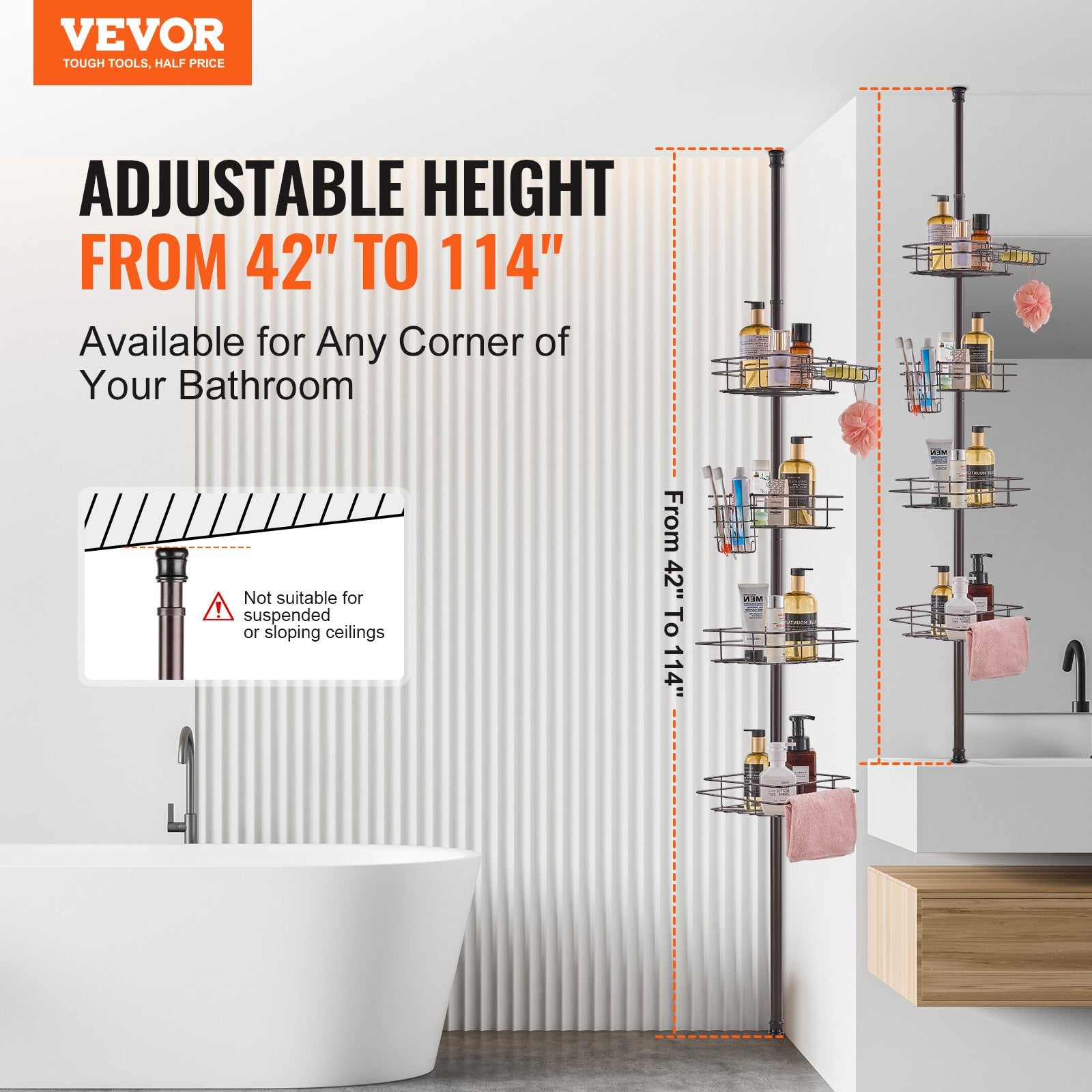 Shower Heads & Screens: VEVOR 42" to 114" High Shower Corner Caddy Tension Pole Rust-Proof Tension Pole