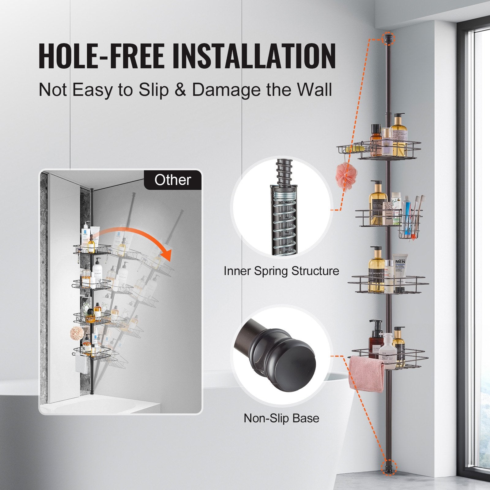 Shower Heads & Screens: VEVOR 42" to 114" High Shower Corner Caddy Tension Pole Rust-Proof Tension Pole