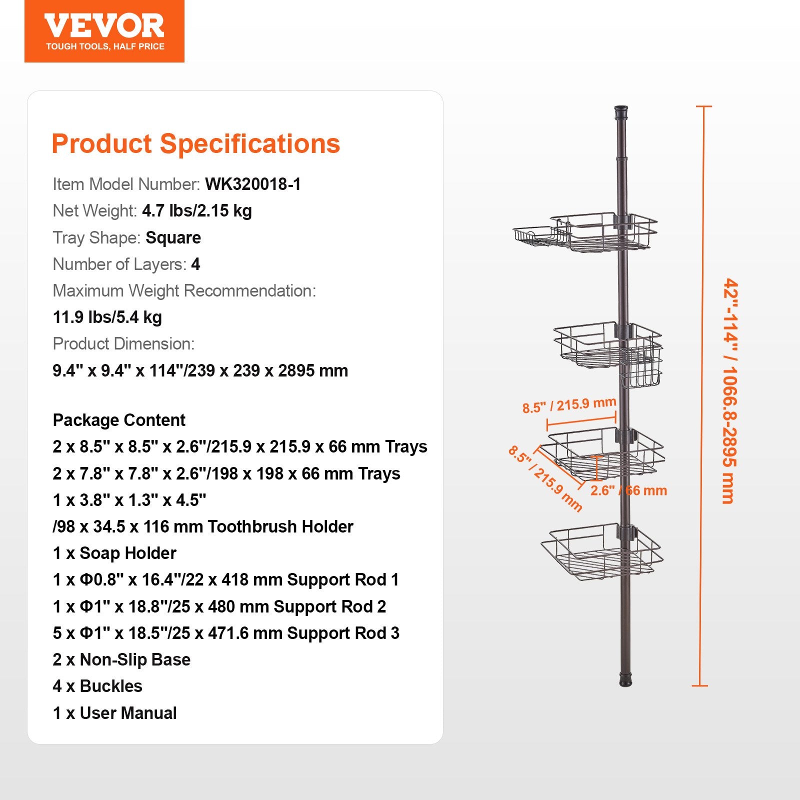 Shower Heads & Screens: VEVOR 42" to 114" High Shower Corner Caddy Tension Pole Rust-Proof Tension Pole