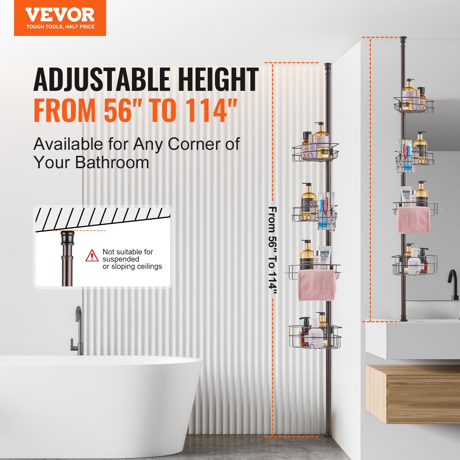 Shower Heads & Screens: VEVOR 56" to 114" High Shower Corner Caddy Tension Pole Rust-Proof Tension Pole