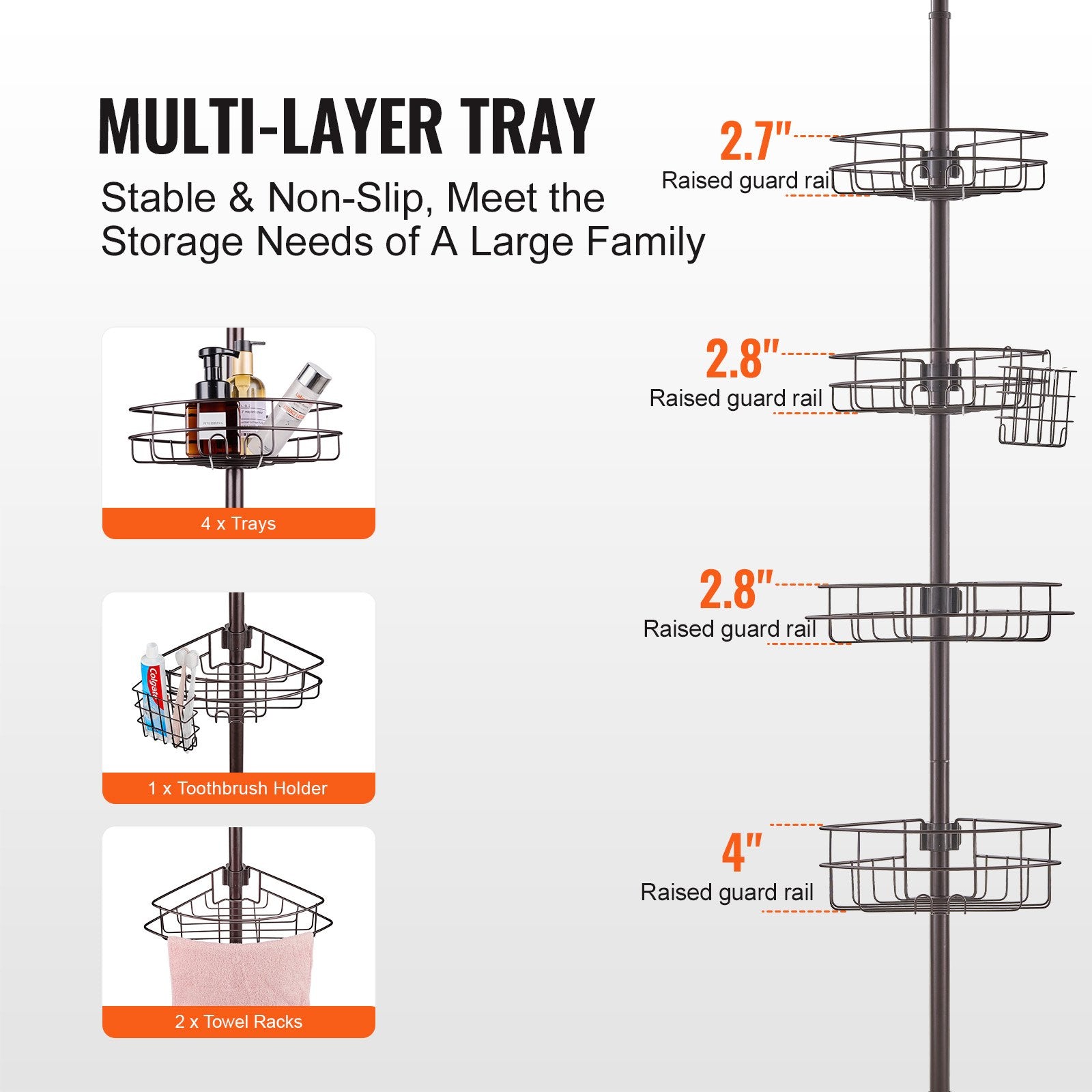 Shower Heads & Screens: VEVOR 56" to 114" High Shower Corner Caddy Tension Pole Rust-Proof Tension Pole