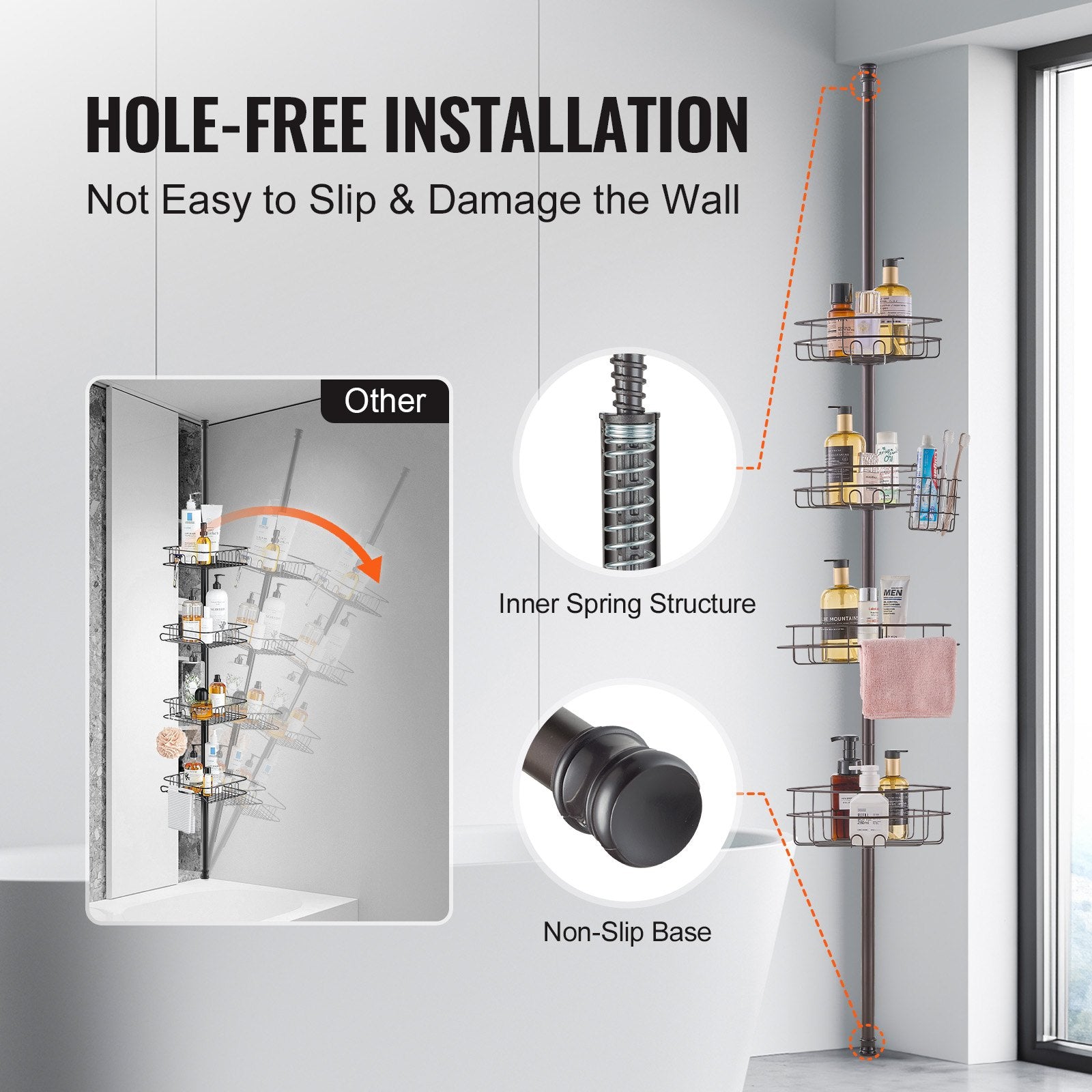 Shower Heads & Screens: VEVOR 56" to 114" High Shower Corner Caddy Tension Pole Rust-Proof Tension Pole