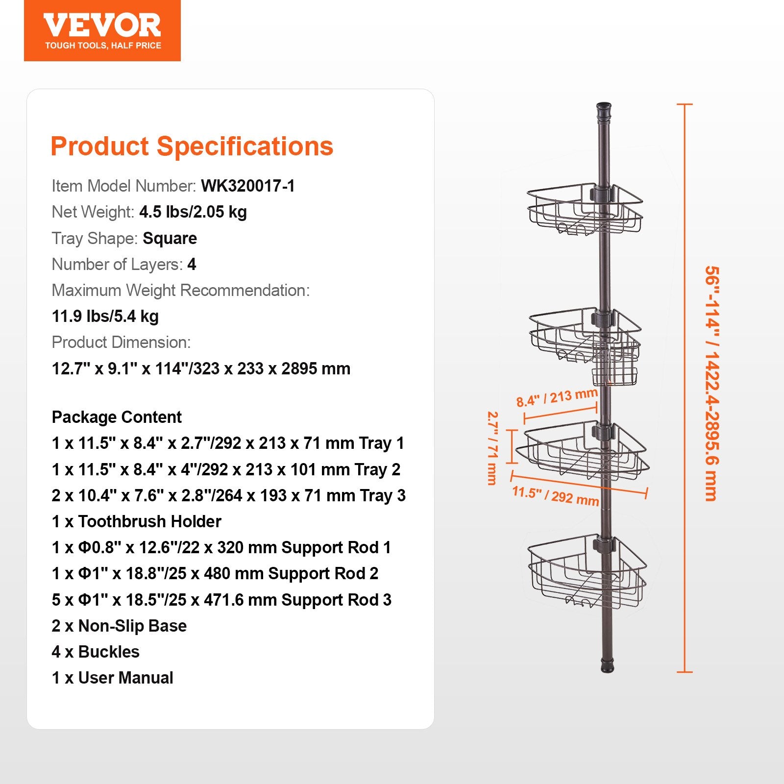 Shower Heads & Screens: VEVOR 56" to 114" High Shower Corner Caddy Tension Pole Rust-Proof Tension Pole