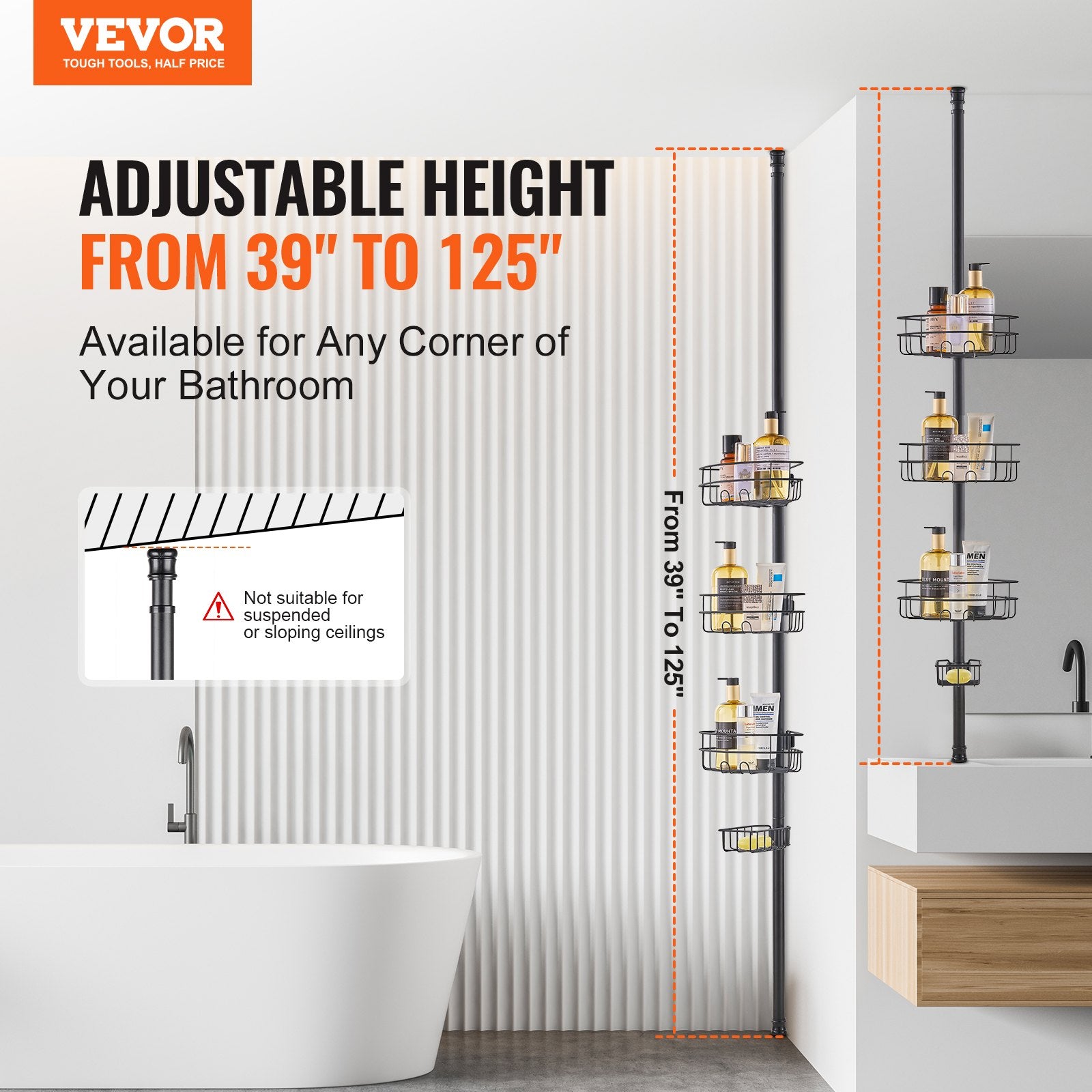 Shower Heads & Screens: VEVOR 39" to 125" High Shower Corner Caddy Tension Pole Rust-Proof Tension Pole