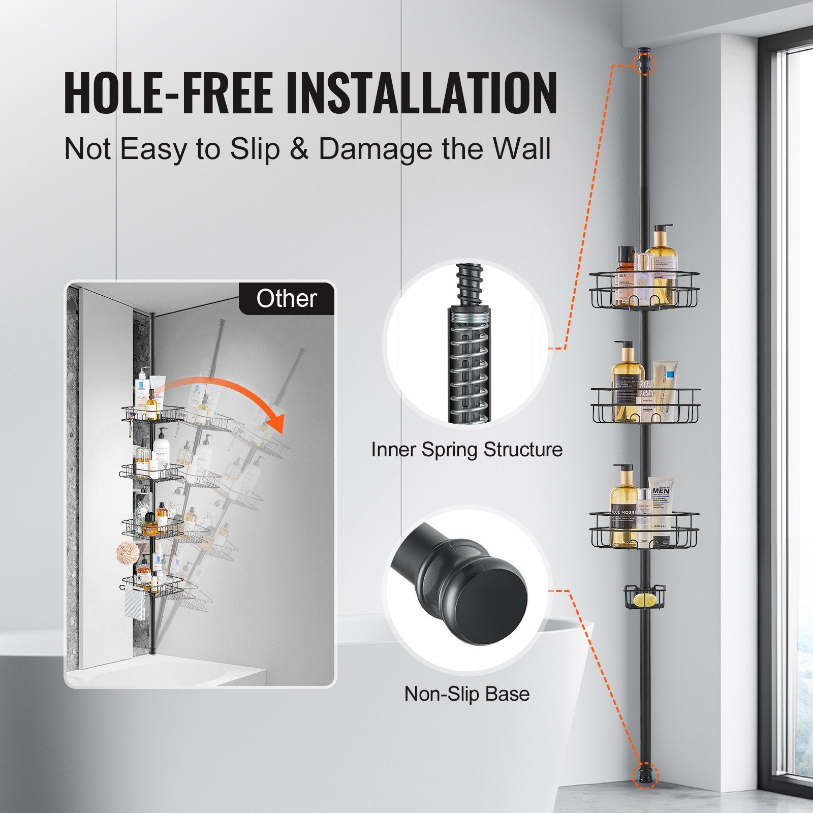 Shower Heads & Screens: VEVOR 39" to 125" High Shower Corner Caddy Tension Pole Rust-Proof Tension Pole