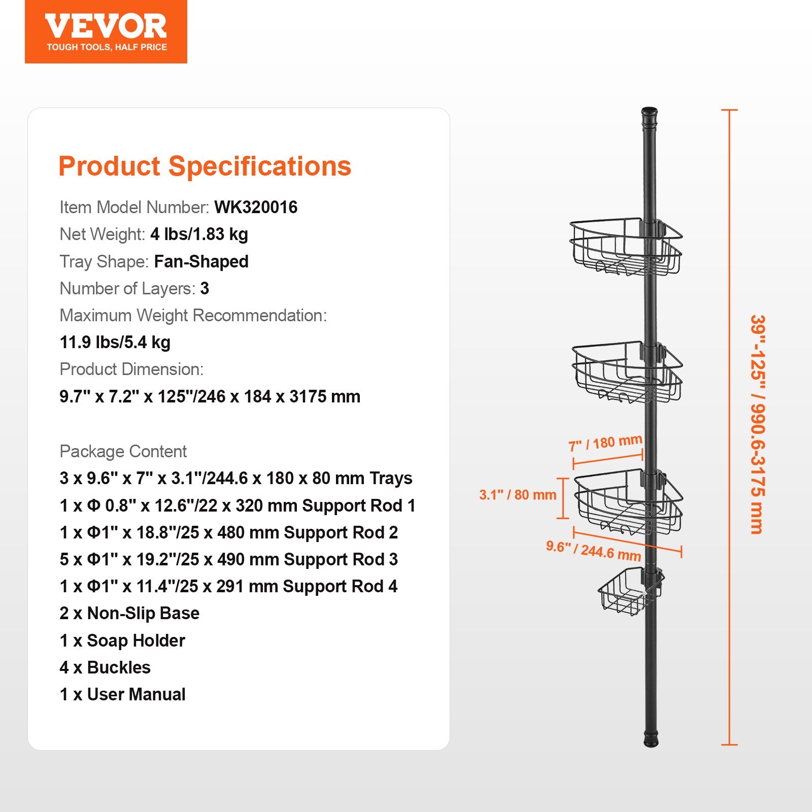 Shower Heads & Screens: VEVOR 39" to 125" High Shower Corner Caddy Tension Pole Rust-Proof Tension Pole