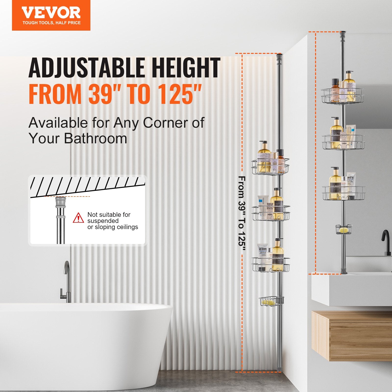 Shower Heads & Screens: VEVOR 39" to 125" High Shower Corner Caddy Tension Pole Rust-Proof Tension Pole