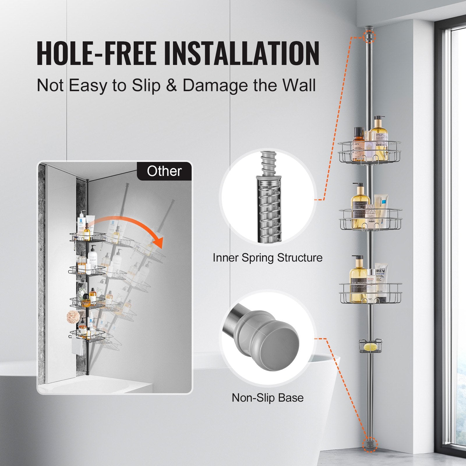 Shower Heads & Screens: VEVOR 39" to 125" High Shower Corner Caddy Tension Pole Rust-Proof Tension Pole