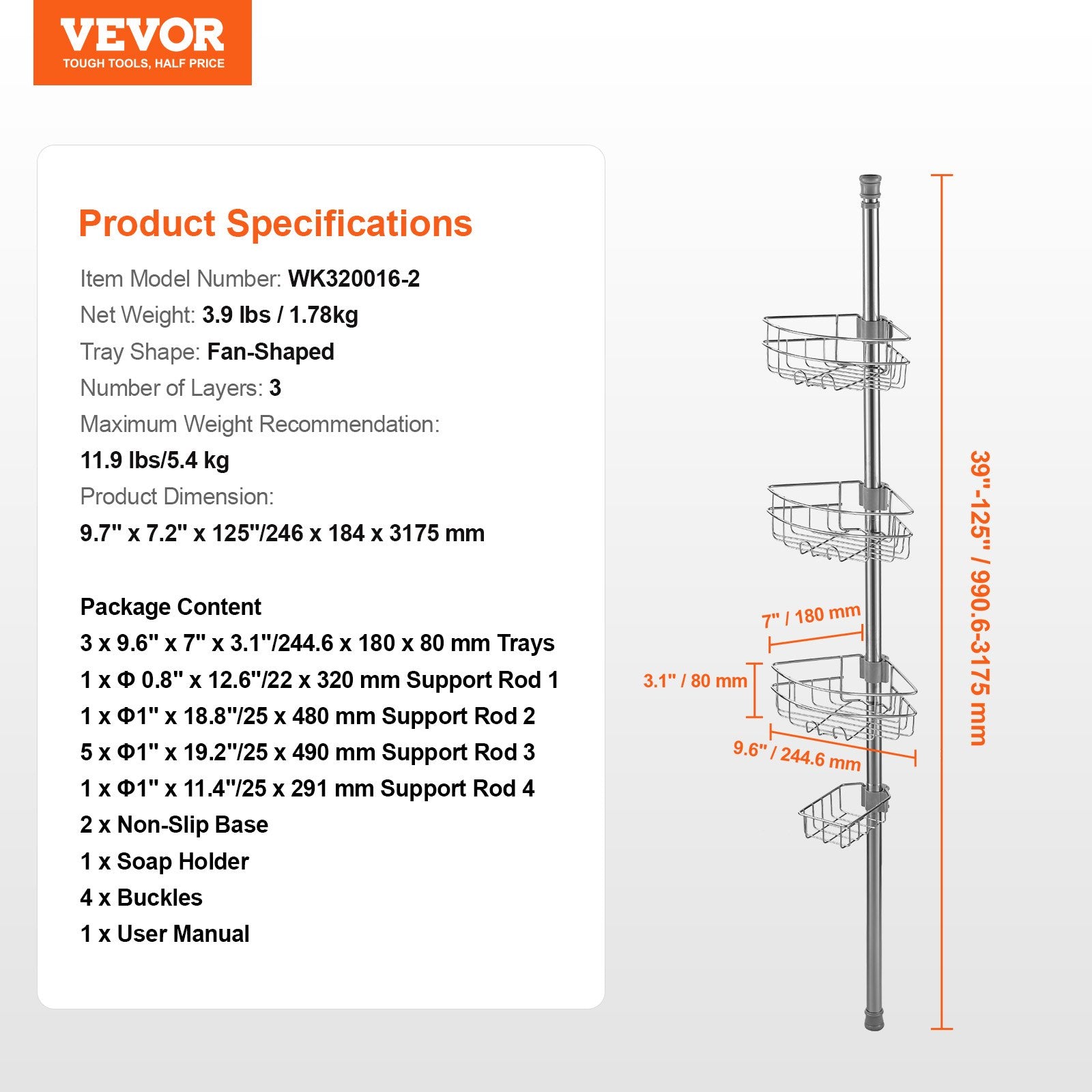 Shower Heads & Screens: VEVOR 39" to 125" High Shower Corner Caddy Tension Pole Rust-Proof Tension Pole