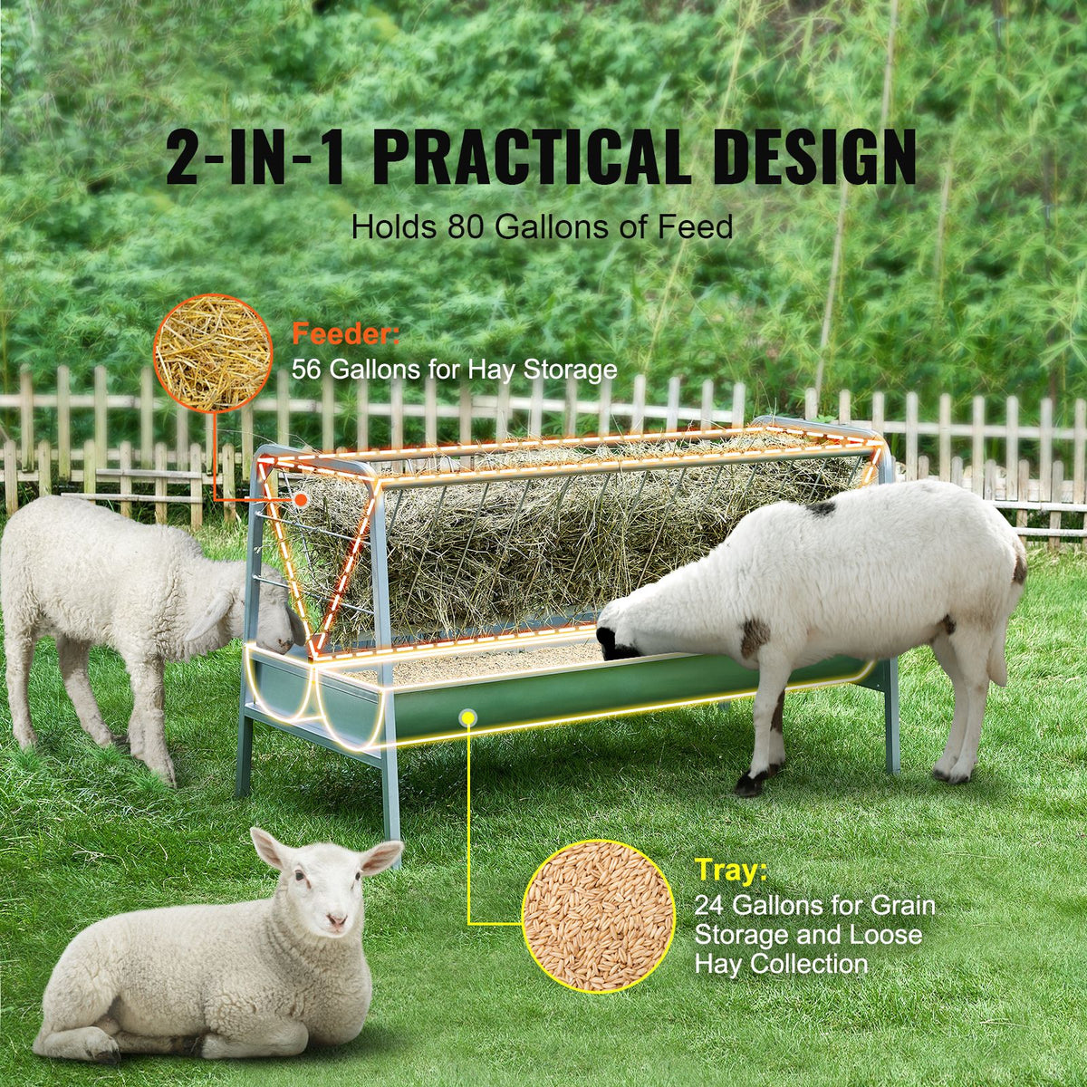 Livestock Hay Feeder, 2 in 1 Grain & Hay Feeder, 80-Gallon Capacity Pasture Feeder, 59" Long Goat Hay Feeder with Deeper Feeding Pan, Heavy Duty Steel Grain & Hay Holder for Sheep Farms Sheds