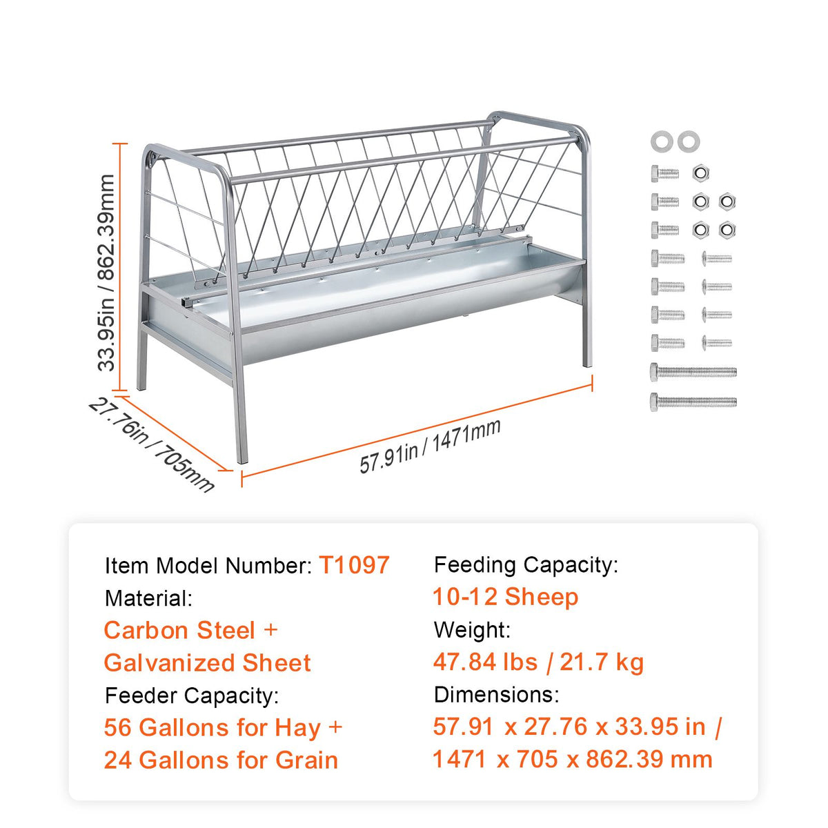 Livestock Hay Feeder, 2 in 1 Grain & Hay Feeder, 80-Gallon Capacity Pasture Feeder, 59" Long Goat Hay Feeder with Deeper Feeding Pan, Heavy Duty Steel Grain & Hay Holder for Sheep Farms Sheds