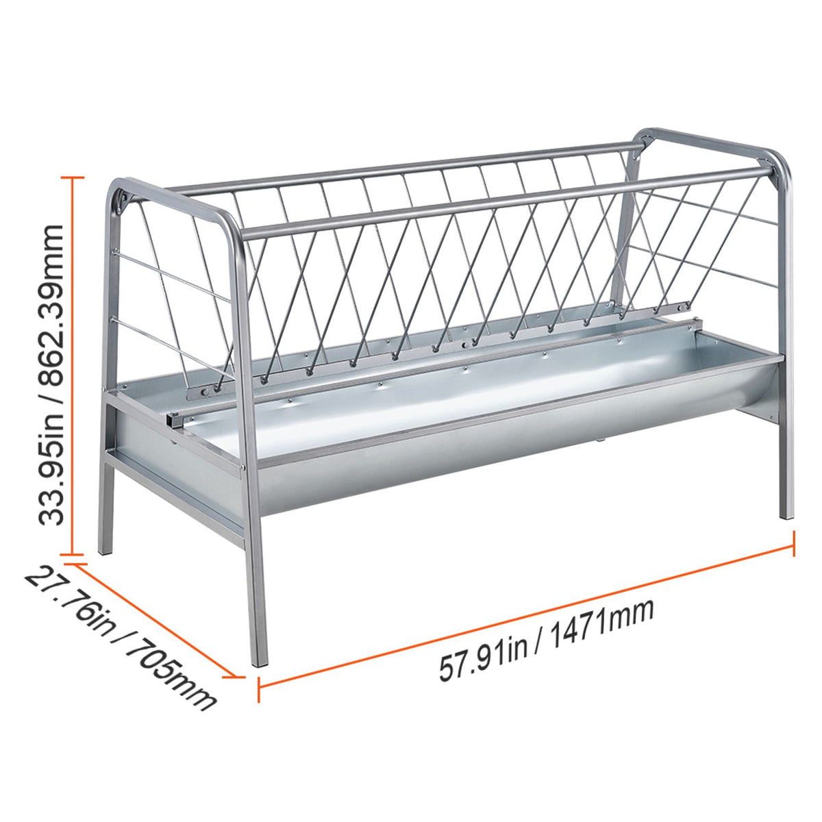 Livestock Hay Feeder, 2 in 1 Grain & Hay Feeder, 80-Gallon Capacity Pasture Feeder, 59" Long Goat Hay Feeder with Deeper Feeding Pan, Heavy Duty Steel Grain & Hay Holder for Sheep Farms Sheds