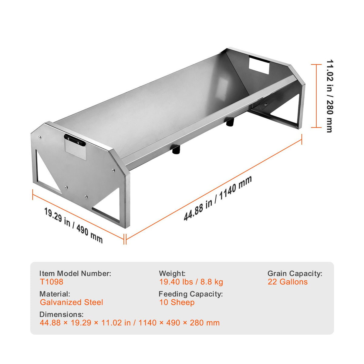 Livestock Feeding Trough, 22 Gallon Capacity, 45" Hay Feeder, Heavy Duty Steel Livestock Trough, Galvanized Steel Sheep Feeder Trough Feeding up to 10 Goats for Horse Sheep Hog Farm Sheds Pen