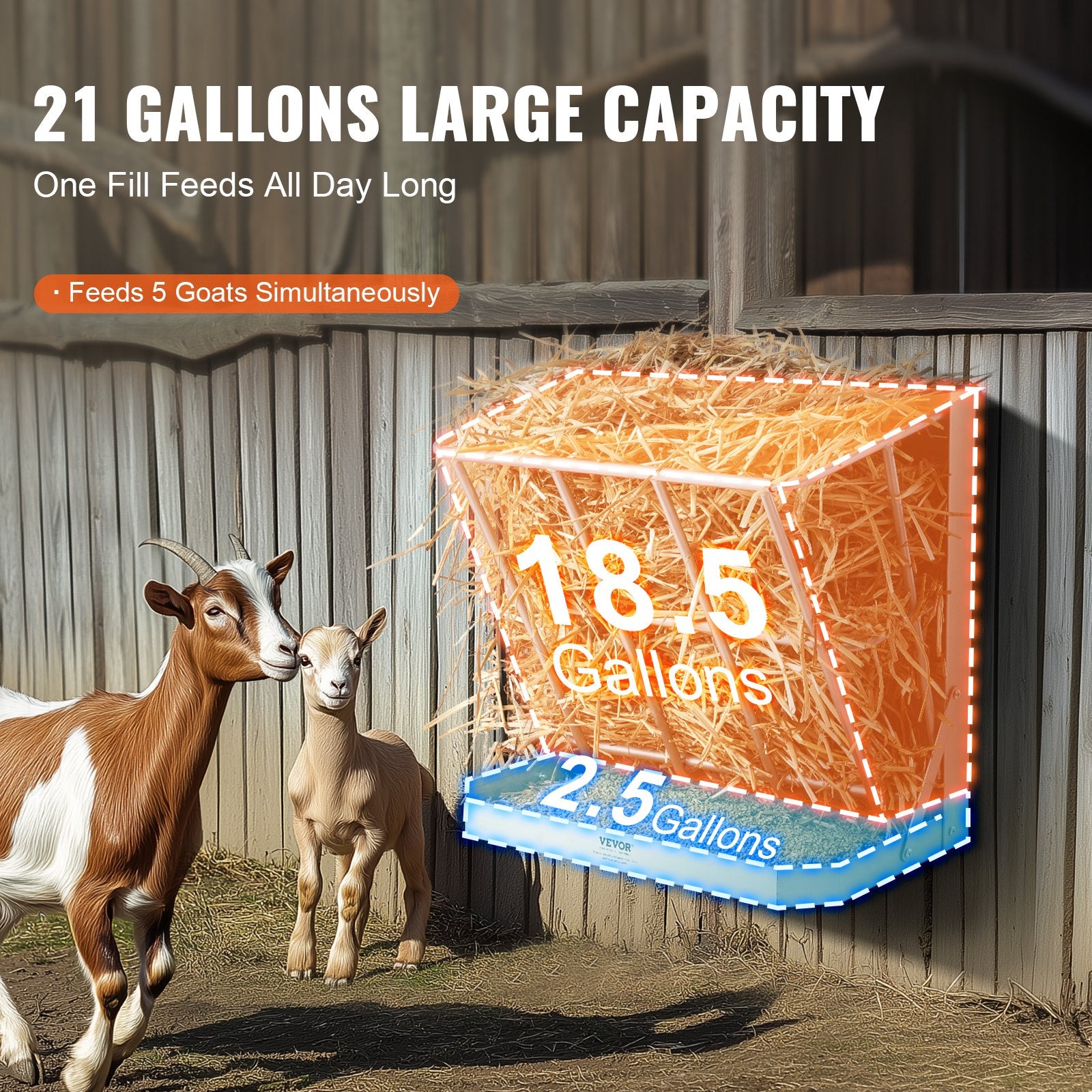 Goat Hay Feeder, 21 Gallons Large Capacity, 2 in 1 Hay and Grain Feeder, Wall Mounted Livestock Feeder with Feed Tray, Multiple Sided Goat Hay Rack, Sturdy Steel Hay Rack for Sheep Horses