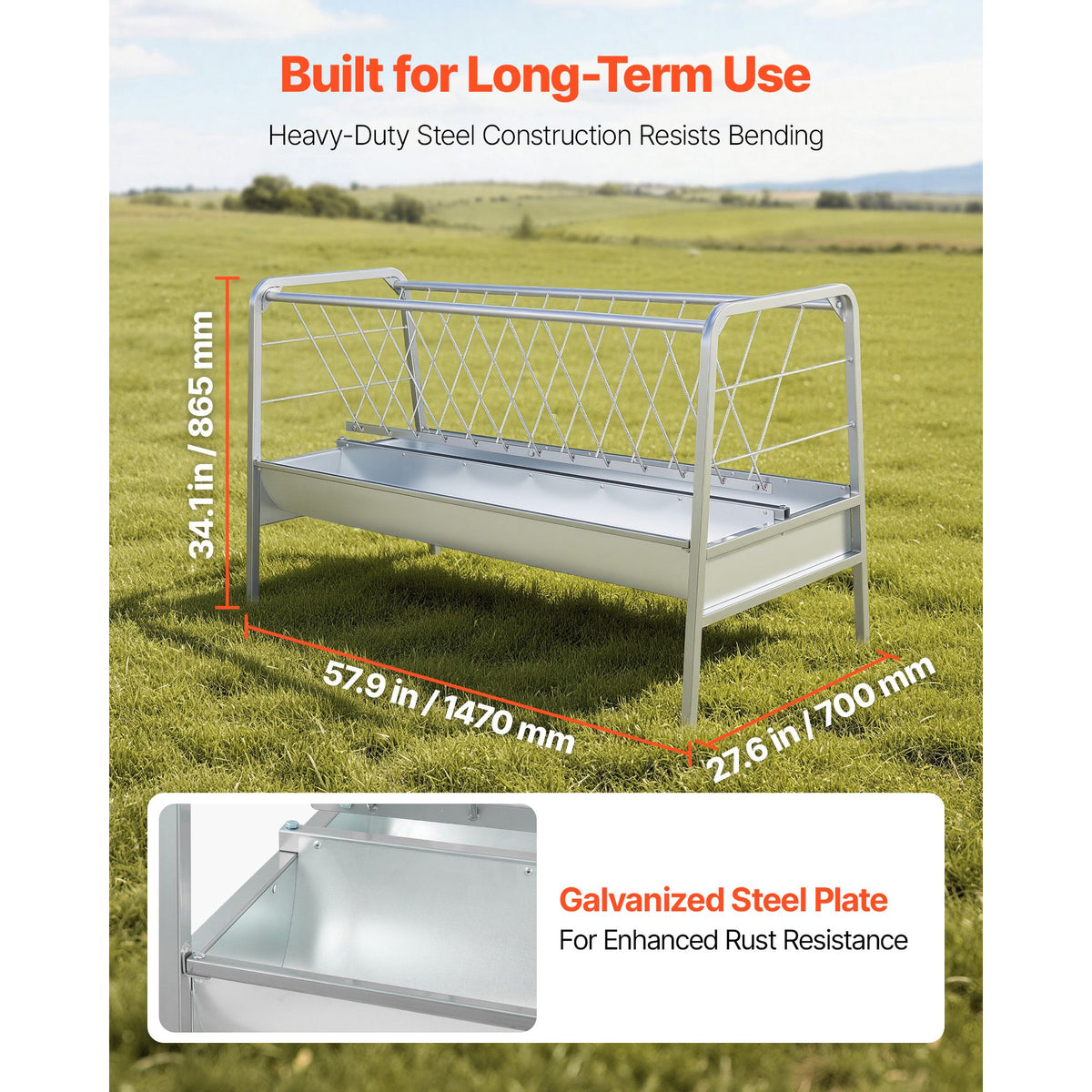 Livestock Hay Feeder, 2 in 1 Grain & Hay Feeder, 300L Capacity, 147 cm Long Goat Pasture Feeding with Deeper Feeding Pan, Heavy Duty Steel Grain Holder for Sheep Sheds, Farms, Horse Barns, Yards