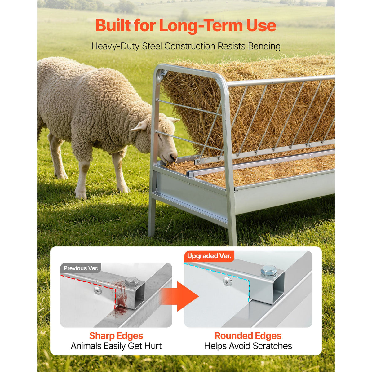 Livestock Hay Feeder, 2 in 1 Grain & Hay Feeder, 300L Capacity, 147 cm Long Goat Pasture Feeding with Deeper Feeding Pan, Heavy Duty Steel Grain Holder for Sheep Sheds, Farms, Horse Barns, Yards