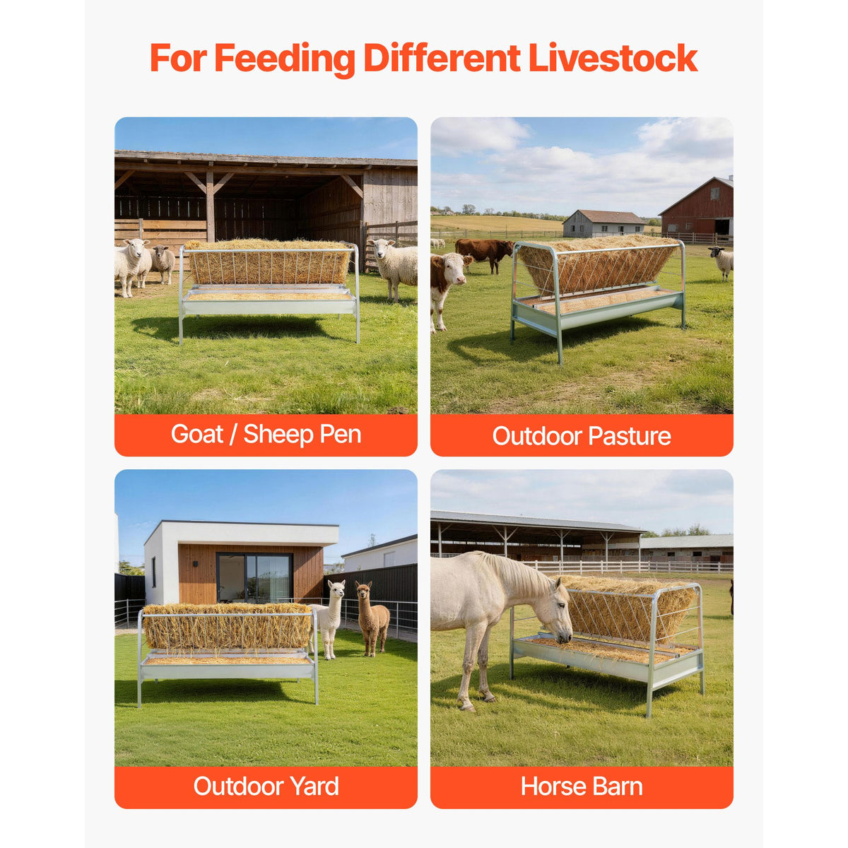 Livestock Hay Feeder, 2 in 1 Grain & Hay Feeder, 300L Capacity, 147 cm Long Goat Pasture Feeding with Deeper Feeding Pan, Heavy Duty Steel Grain Holder for Sheep Sheds, Farms, Horse Barns, Yards
