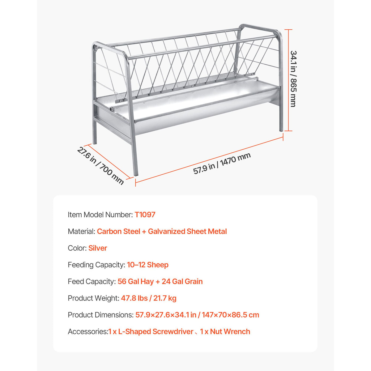 Livestock Hay Feeder, 2 in 1 Grain & Hay Feeder, 300L Capacity, 147 cm Long Goat Pasture Feeding with Deeper Feeding Pan, Heavy Duty Steel Grain Holder for Sheep Sheds, Farms, Horse Barns, Yards