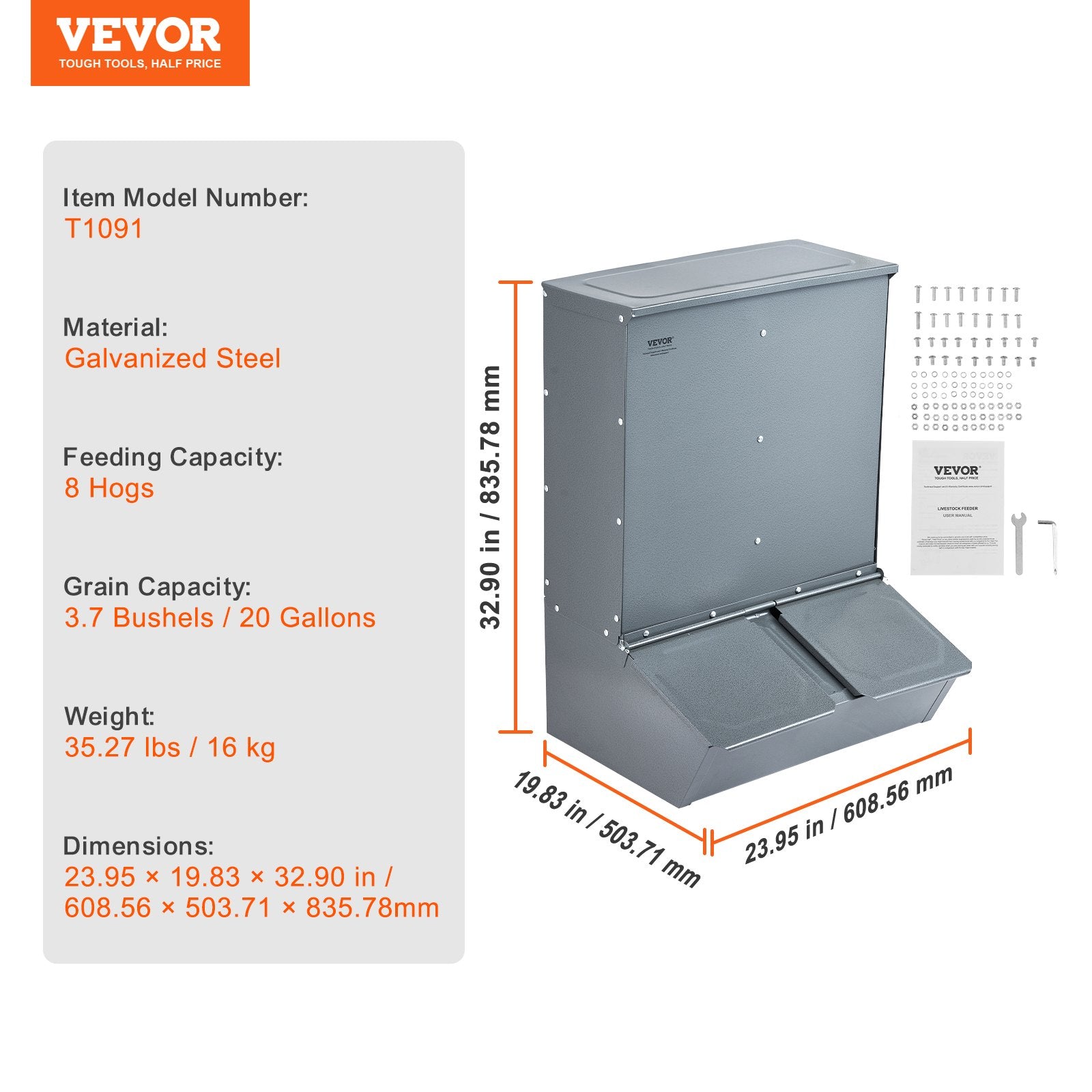Small Animal Habitats & Cages: VEVOR Hog Feeder 3.7 Bushel Metal Double Door Pig Feeder Feeding up to 8 Hogs