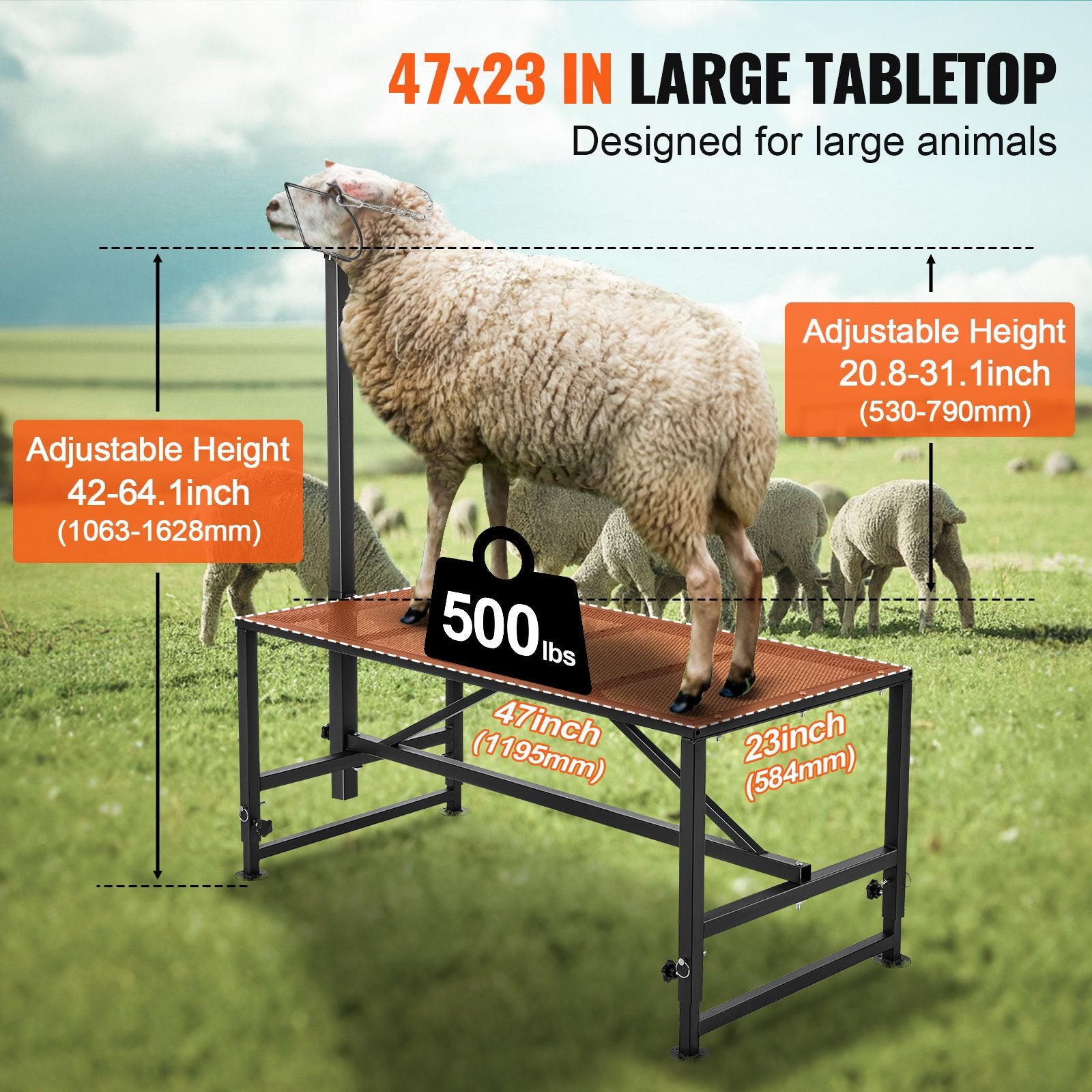 Outdoor Play Equipment: VEVOR Goat & Sheep Stand, 47x23 inch Livestock Stand, Metal Livestock Milking and Shearing Stand 21" to 33" Adjustable Height, with Headpiece and Nose Loop, 500lbs Loading Weight, Black