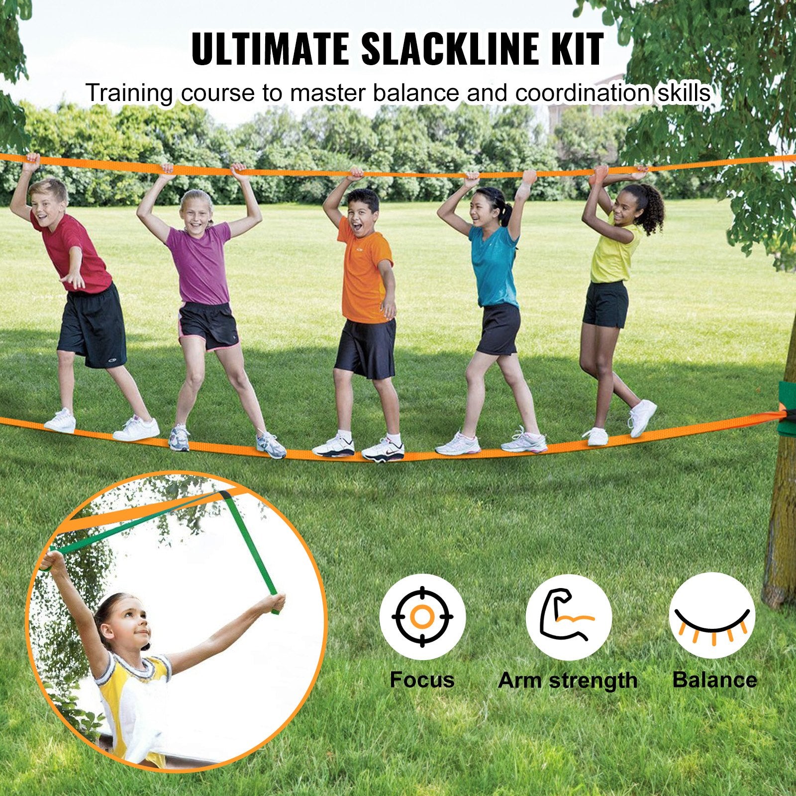 Fence & Gate Accessories: VEVOR Slackline Kit with Training Line, 18.3m Backyard Slack Line Equipment, Easy Setup Tight Rope for Kids Adults, Complete Slackline Set with Tree Protectors, Arm Trainer, Carry Bag, and Instruction