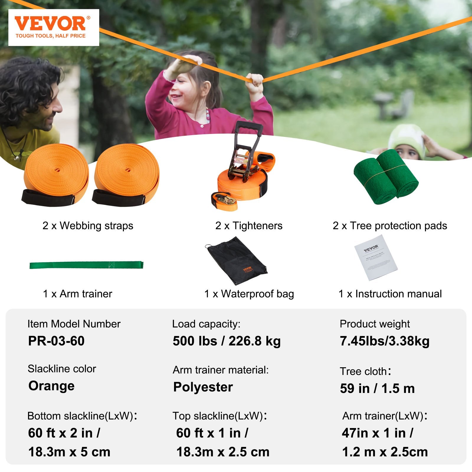 Fence & Gate Accessories: VEVOR Slackline Kit with Training Line, 18.3m Backyard Slack Line Equipment, Easy Setup Tight Rope for Kids Adults, Complete Slackline Set with Tree Protectors, Arm Trainer, Carry Bag, and Instruction