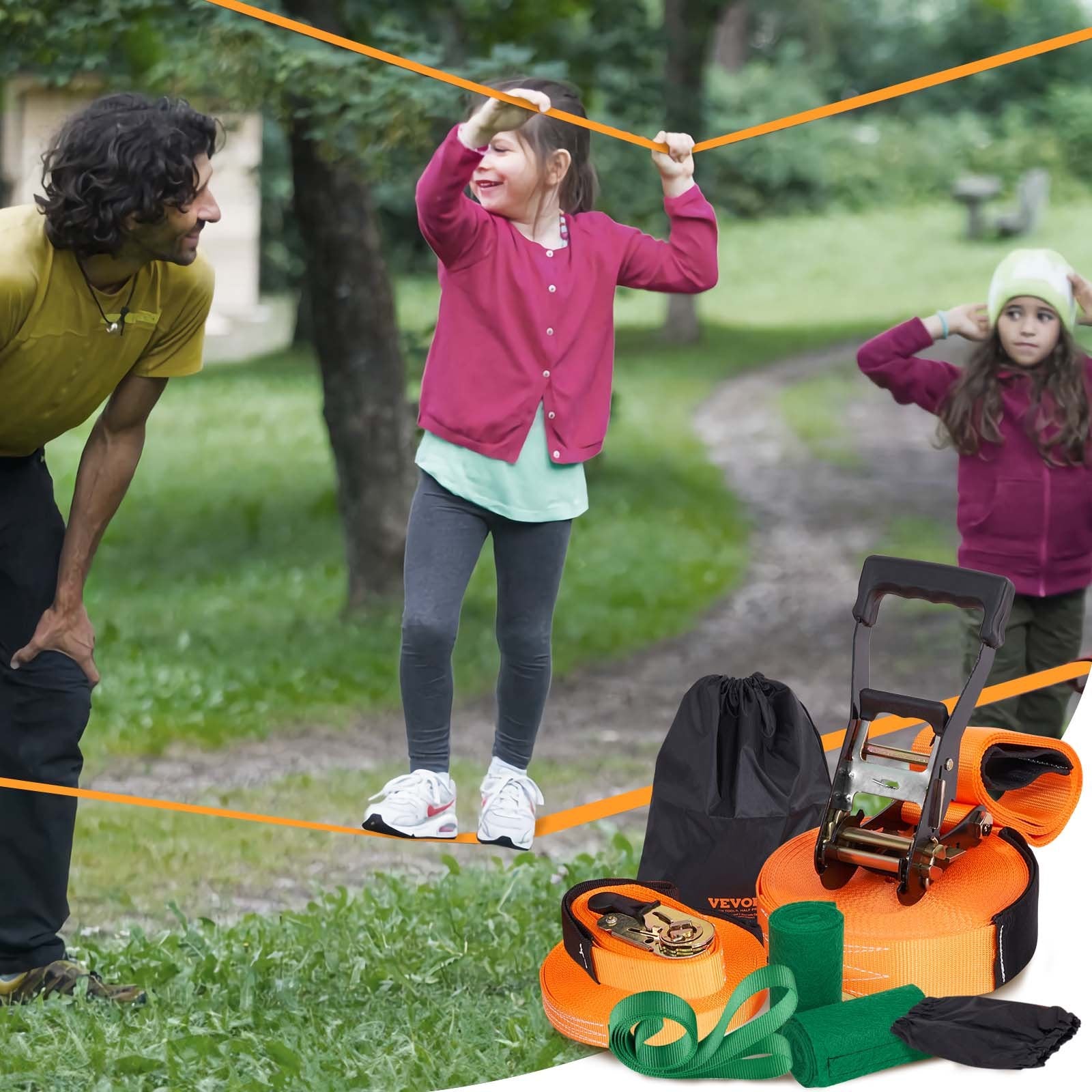 Fence & Gate Accessories: VEVOR Slackline Kit with Training Line, 18.3m Backyard Slack Line Equipment, Easy Setup Tight Rope for Kids Adults, Complete Slackline Set with Tree Protectors, Arm Trainer, Carry Bag, and Instruction