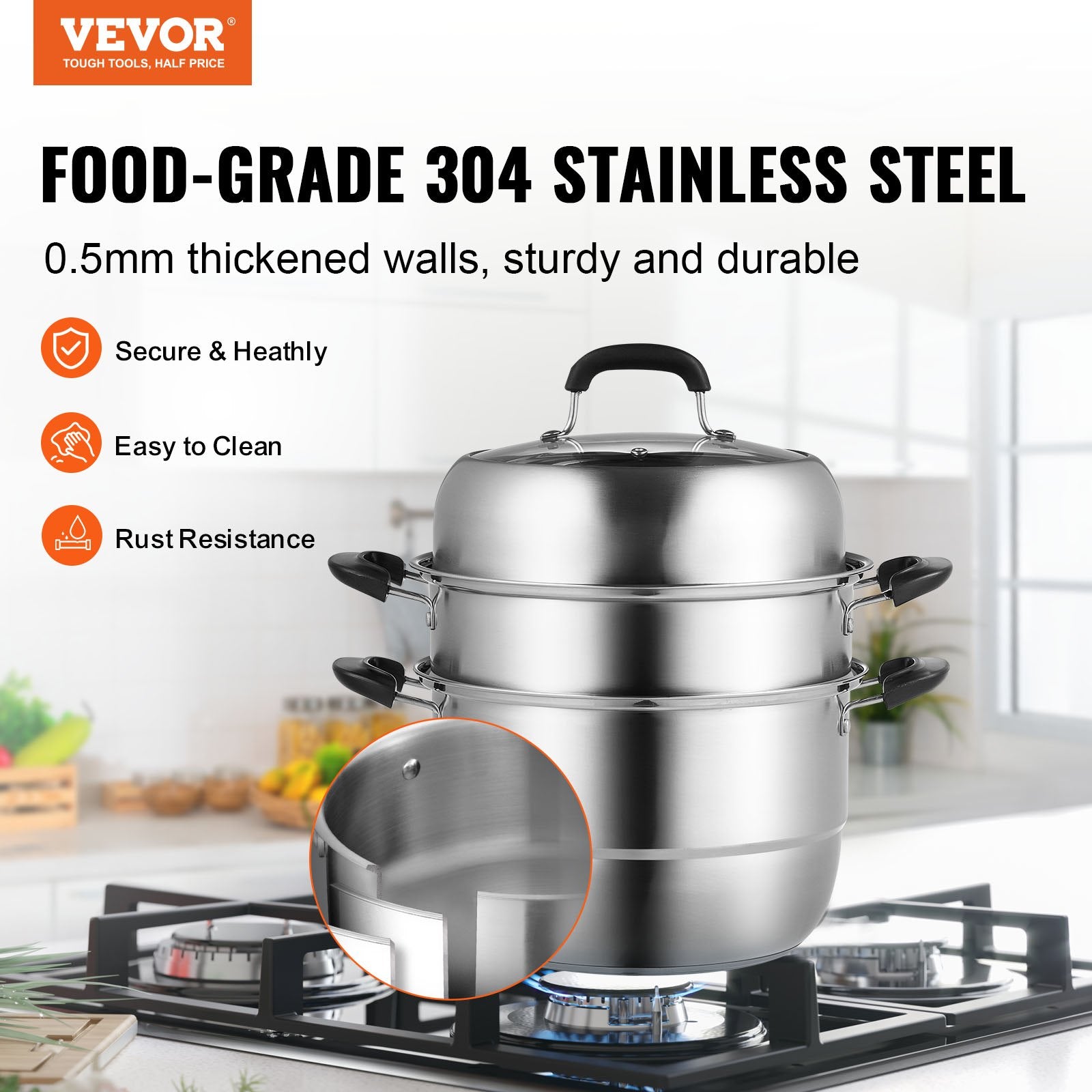 Steamer Pot, 28cm Steamer Pot for Cooking with 8.5QT Stock Pot, Vegetable Steamer & 2 Steaming Grid, 3-Layer Food-Grade 304 Stainless Steel Food Steamer Cookware with Lid for Gas Electric Stove