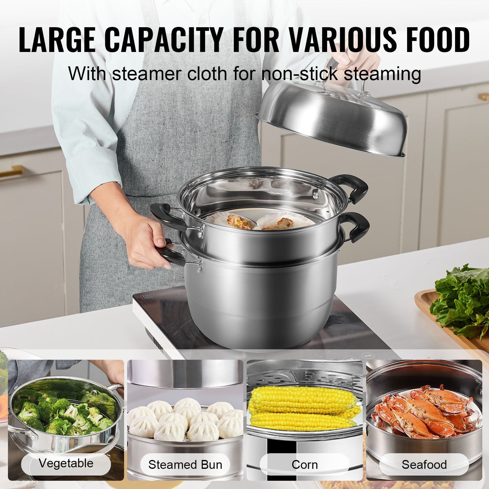 Steamer Pot, 28cm Steamer Pot for Cooking with 8.5QT Stock Pot, Vegetable Steamer & 2 Steaming Grid, 3-Layer Food-Grade 304 Stainless Steel Food Steamer Cookware with Lid for Gas Electric Stove