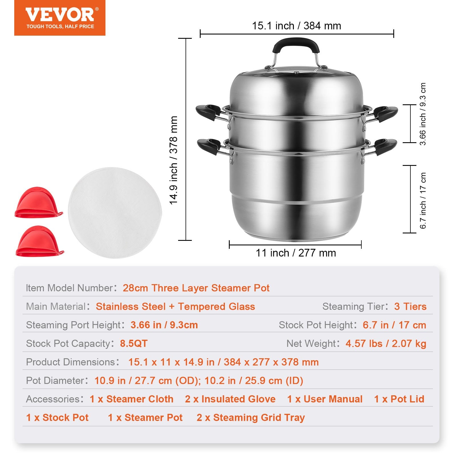 Steamer Pot, 28cm Steamer Pot for Cooking with 8.5QT Stock Pot, Vegetable Steamer & 2 Steaming Grid, 3-Layer Food-Grade 304 Stainless Steel Food Steamer Cookware with Lid for Gas Electric Stove