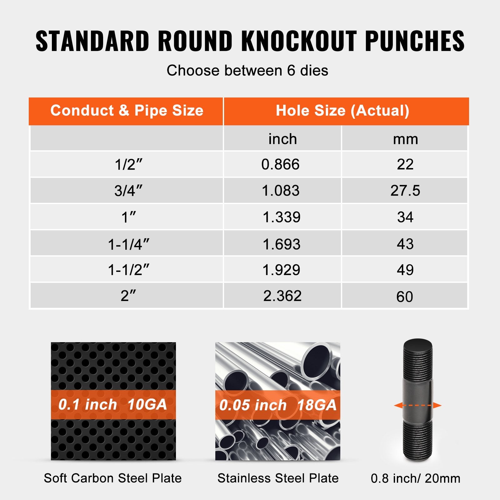 Hand Tools: VEVOR 10 Ton Hydraulic Knockout Punch Kit, 1/2" to 2" Conduit Hole Cutter Set, KO Tool Kits with Puncher 6 Piece, Metal Sheet Driver Tools, For Aluminum, Brass, Stainless Steel, Fiberglass and Plastic