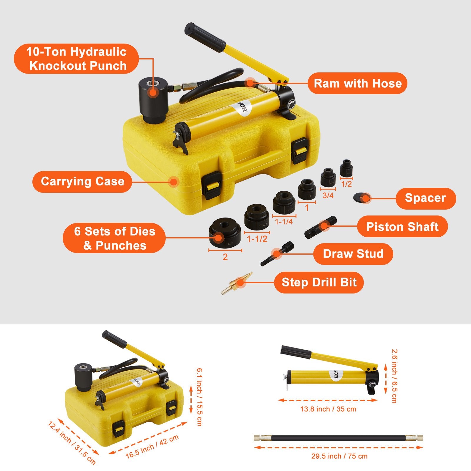 Hand Tools: VEVOR 10 Ton Hydraulic Knockout Punch Kit, 1/2" to 2" Conduit Hole Cutter Set, KO Tool Kits with Puncher 6 Piece, Metal Sheet Driver Tools, For Aluminum, Brass, Stainless Steel, Fiberglass and Plastic