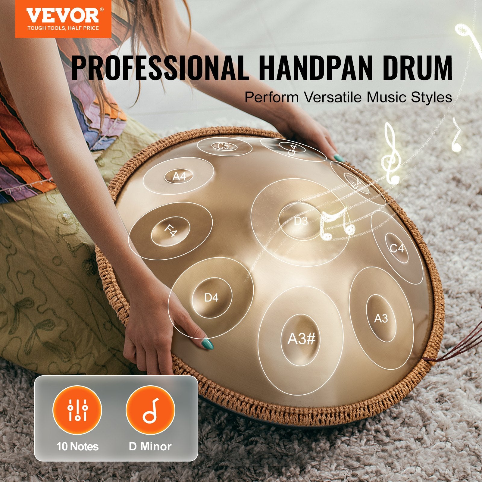 Drums: VEVOR Handpan Drum 22 in 10 Notes D Minor Hand Drum Instrument with Mallet