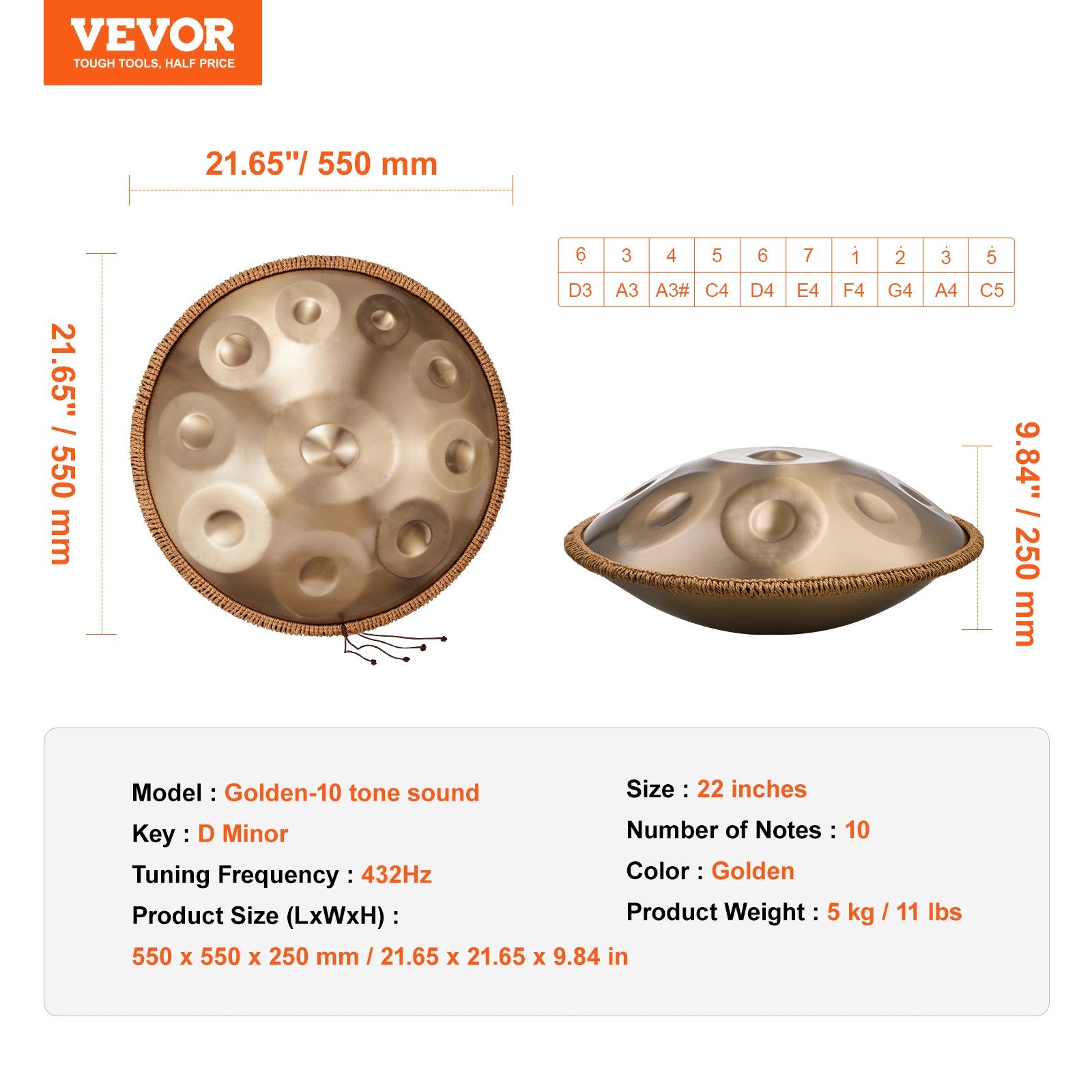 Drums: VEVOR Handpan Drum 22 in 10 Notes D Minor Hand Drum Instrument with Mallet