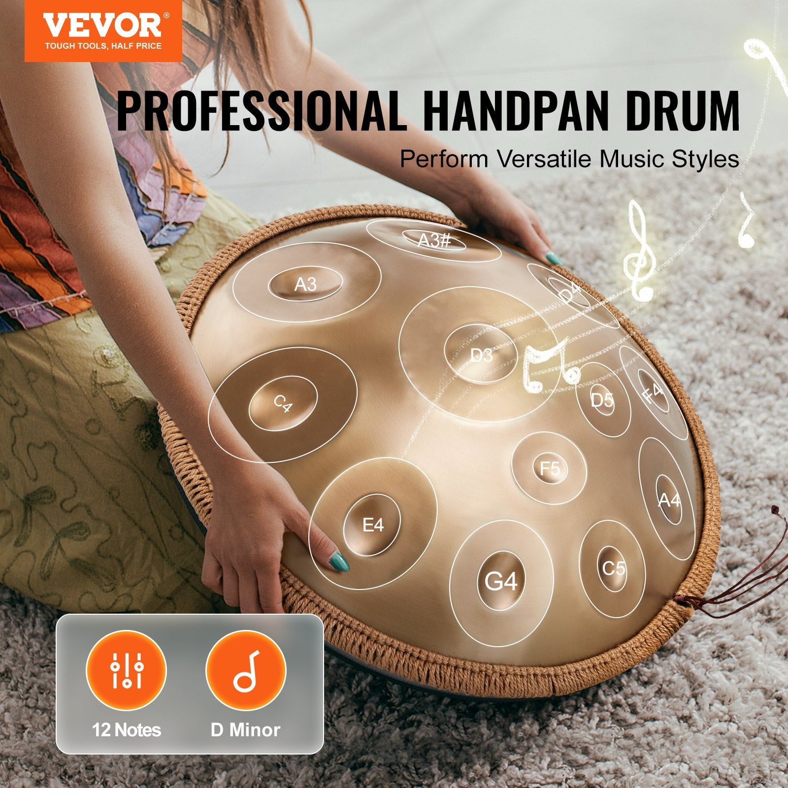 Drums: VEVOR Handpan Drum 22 in 12 Notes D Minor Hand Drum Instrument with Mallet